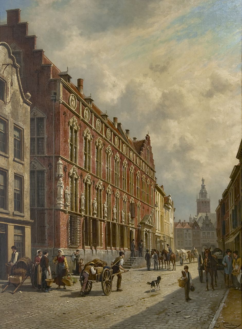 Carabain J.F.J. | 'Jacques' François Joseph Carabain, Gezicht op het Stadhuis van Nijmegen, olieverf op doek 106,0 x 77,3 cm, gesigneerd rechtsonder en op spieraam gedat. 1885 Carabain J.F.J. | 'Jacques' François Joseph Carabain, Gezicht op het Stadhuis van Nijmegen, olieverf op doek 106,0 x 77,3 cm, gesigneerd rechtsonder en op spieraam gedat. 1885