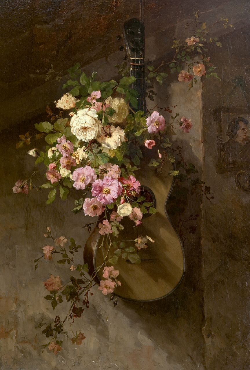 Roosenboom M.C.J.W.H. | 'Margaretha' Cornelia Johanna Wilhelmina Henriëtta Roosenboom | Schilderijen te koop aangeboden | Klimrozen op een Spaanse gitaar, olieverf op doek 110,8 x 75,9 cm Roosenboom M.C.J.W.H. | 'Margaretha' Cornelia Johanna Wilhelmina Henriëtta Roosenboom | Schilderijen te koop aangeboden | Klimrozen op een Spaanse gitaar, olieverf op doek 110,8 x 75,9 cm