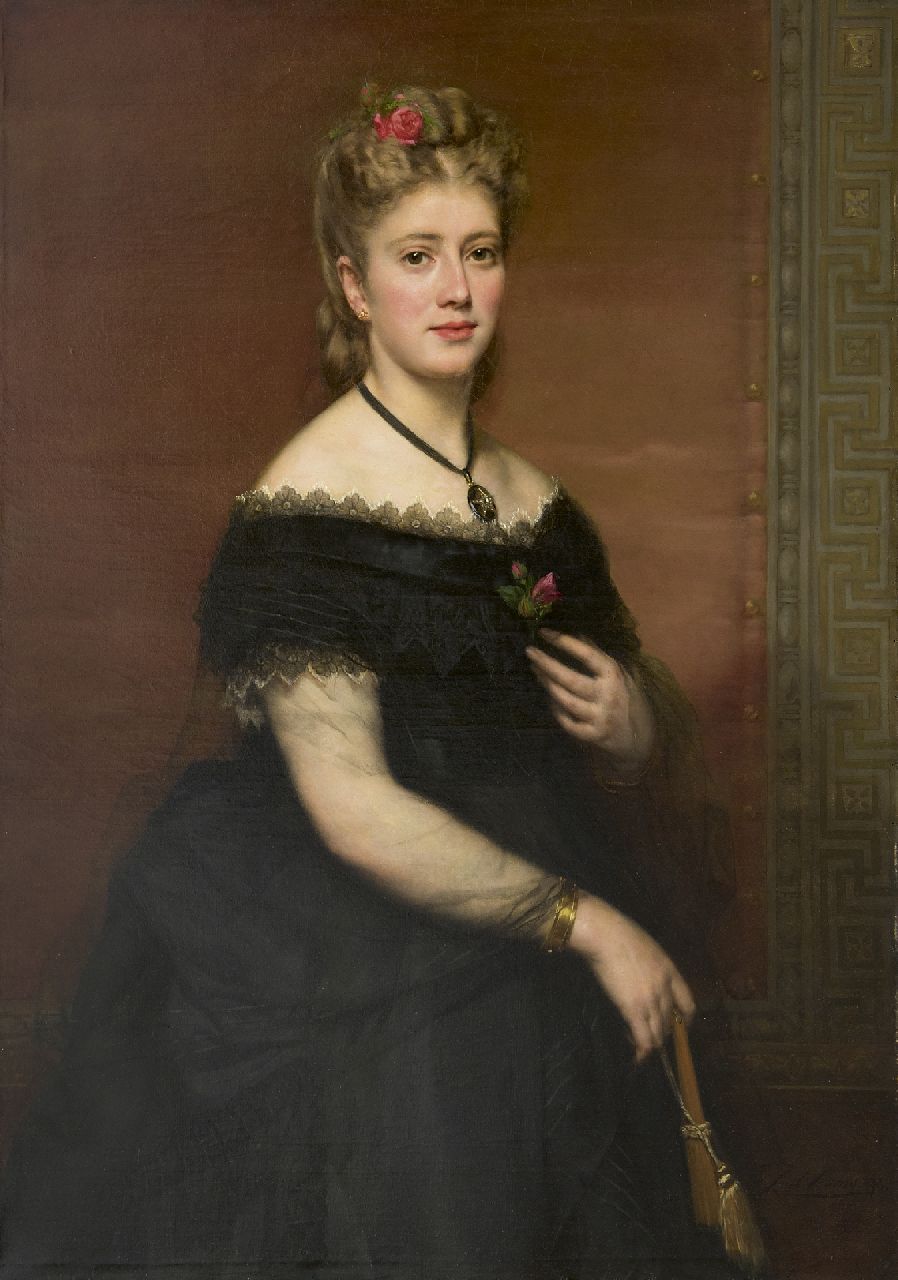 Ooms K. | Karel Ooms, Portret van een vrouw in zwart zijden jurk, olieverf op doek 104,3 x 75,6 cm, gesigneerd rechtsonder en gedateerd 1872 Ooms K. | Karel Ooms, Portret van een vrouw in zwart zijden jurk, olieverf op doek 104,3 x 75,6 cm, gesigneerd rechtsonder en gedateerd 1872