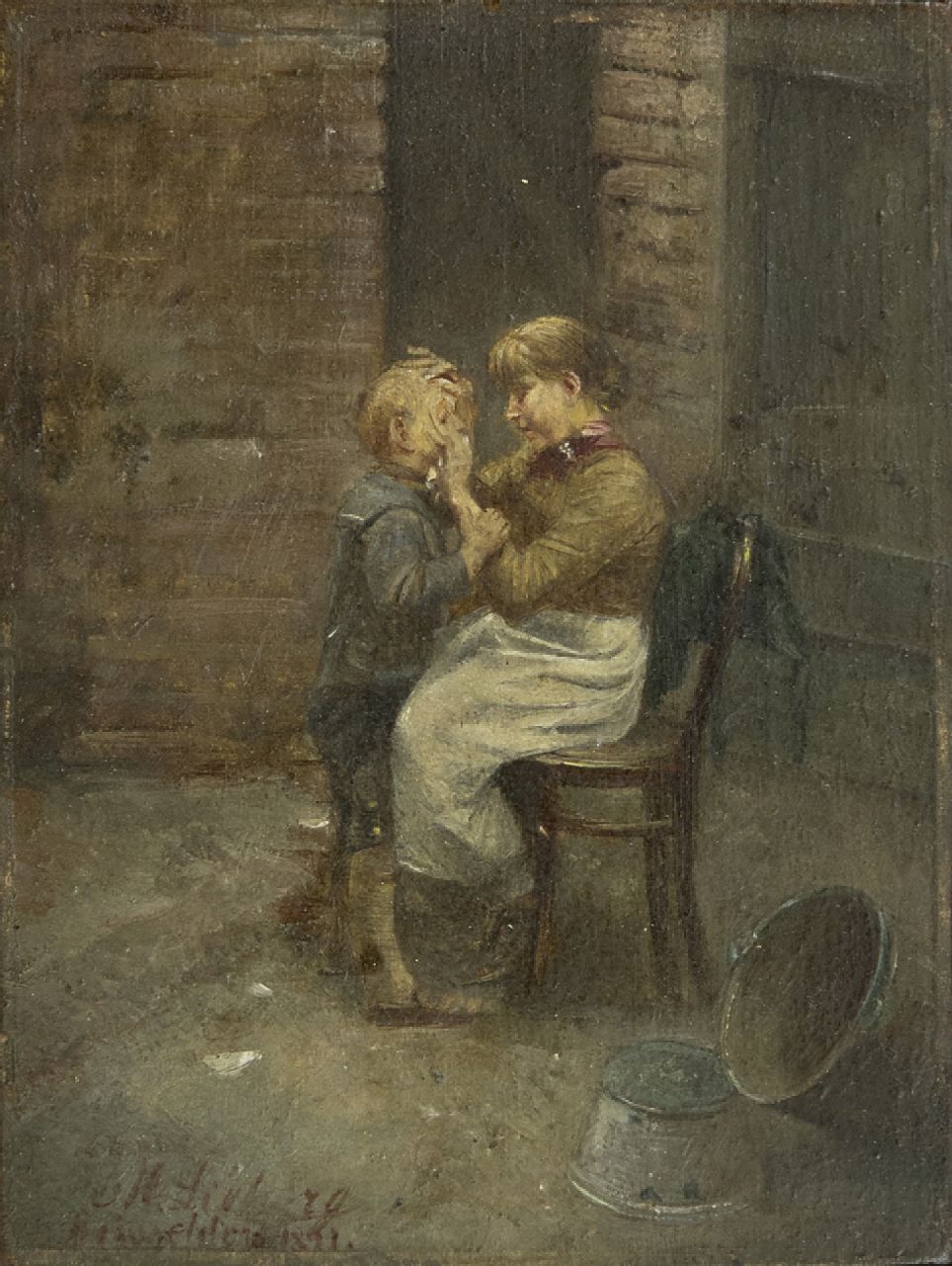 Lieberg M. | Max Lieberg, Moeders goede zorg, olieverf op paneel 12,0 x 9,0 cm, gesigneerd linksonder en 'Düsseldorf' 1891 Lieberg M. | Max Lieberg, Moeders goede zorg, olieverf op paneel 12,0 x 9,0 cm, gesigneerd linksonder en 'Düsseldorf' 1891