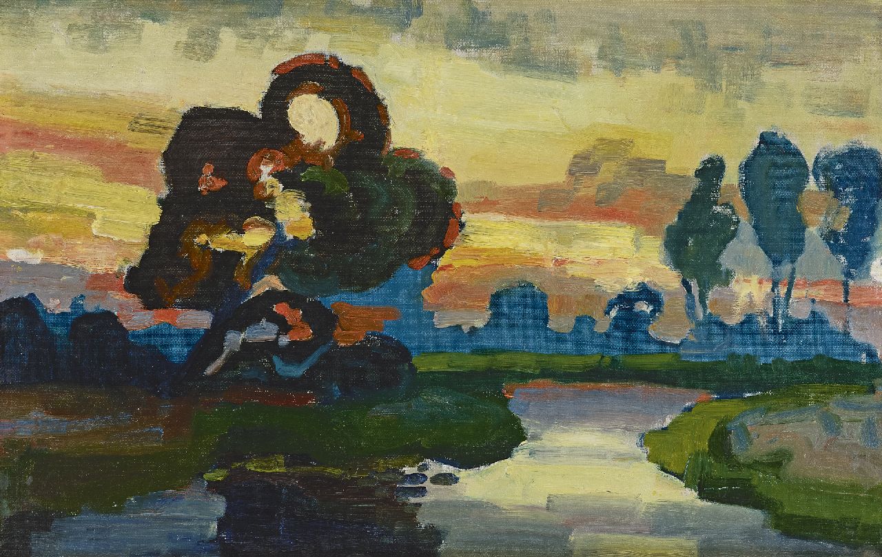 Lanooy C.J. | Christiaan Johannes 'Chris' Lanooy, Rivierlandschap bij ondergaande zon, olieverf op doek op paneel 31,4 x 49,3 cm Lanooy C.J. | Christiaan Johannes 'Chris' Lanooy, Rivierlandschap bij ondergaande zon, olieverf op doek op paneel 31,4 x 49,3 cm