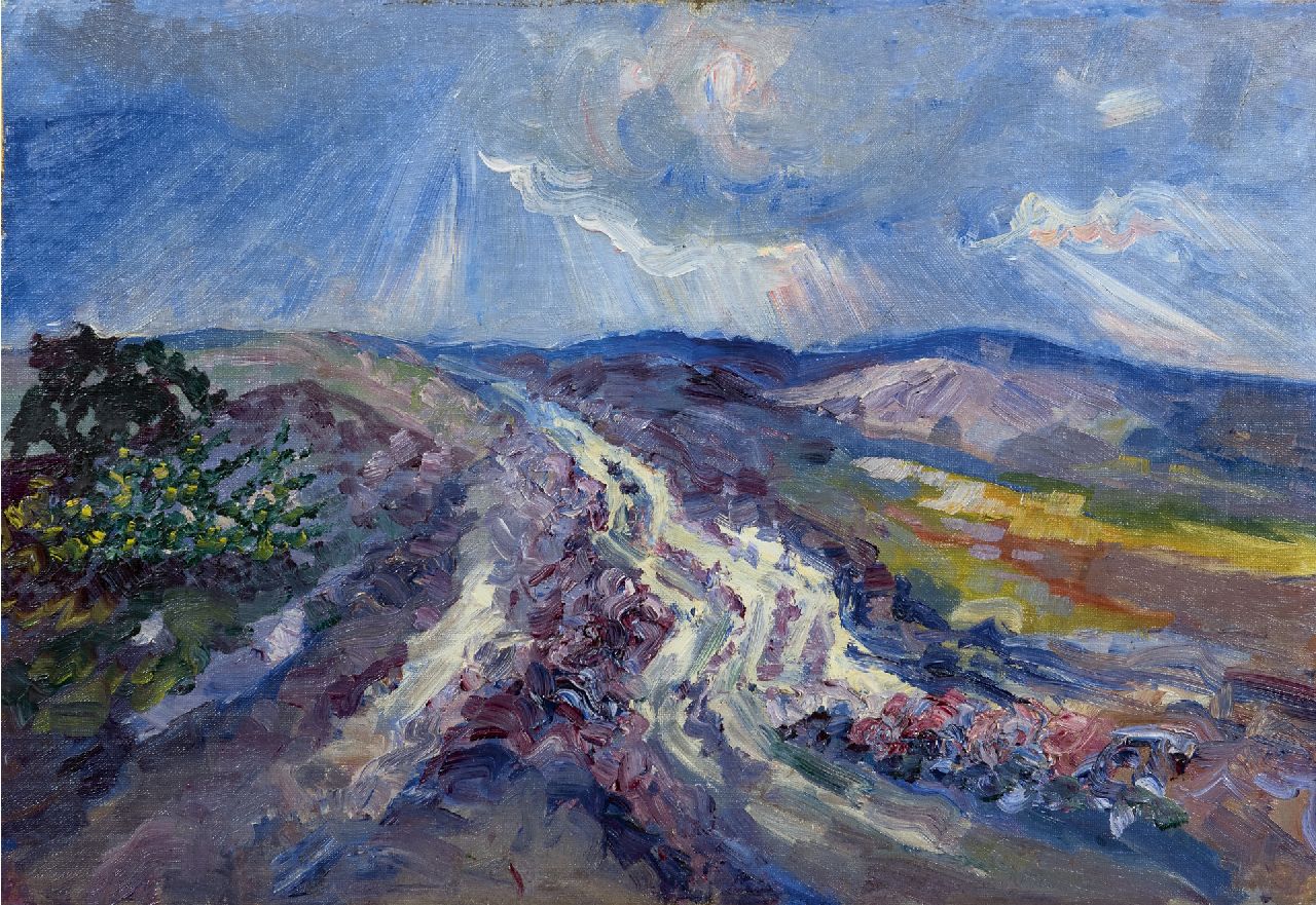 Lanooy C.J. | Christiaan Johannes 'Chris' Lanooy, Doorbrekende zon boven een heideveld, olieverf op doek op paneel 34,7 x 49,6 cm Lanooy C.J. | Christiaan Johannes 'Chris' Lanooy, Doorbrekende zon boven een heideveld, olieverf op doek op paneel 34,7 x 49,6 cm