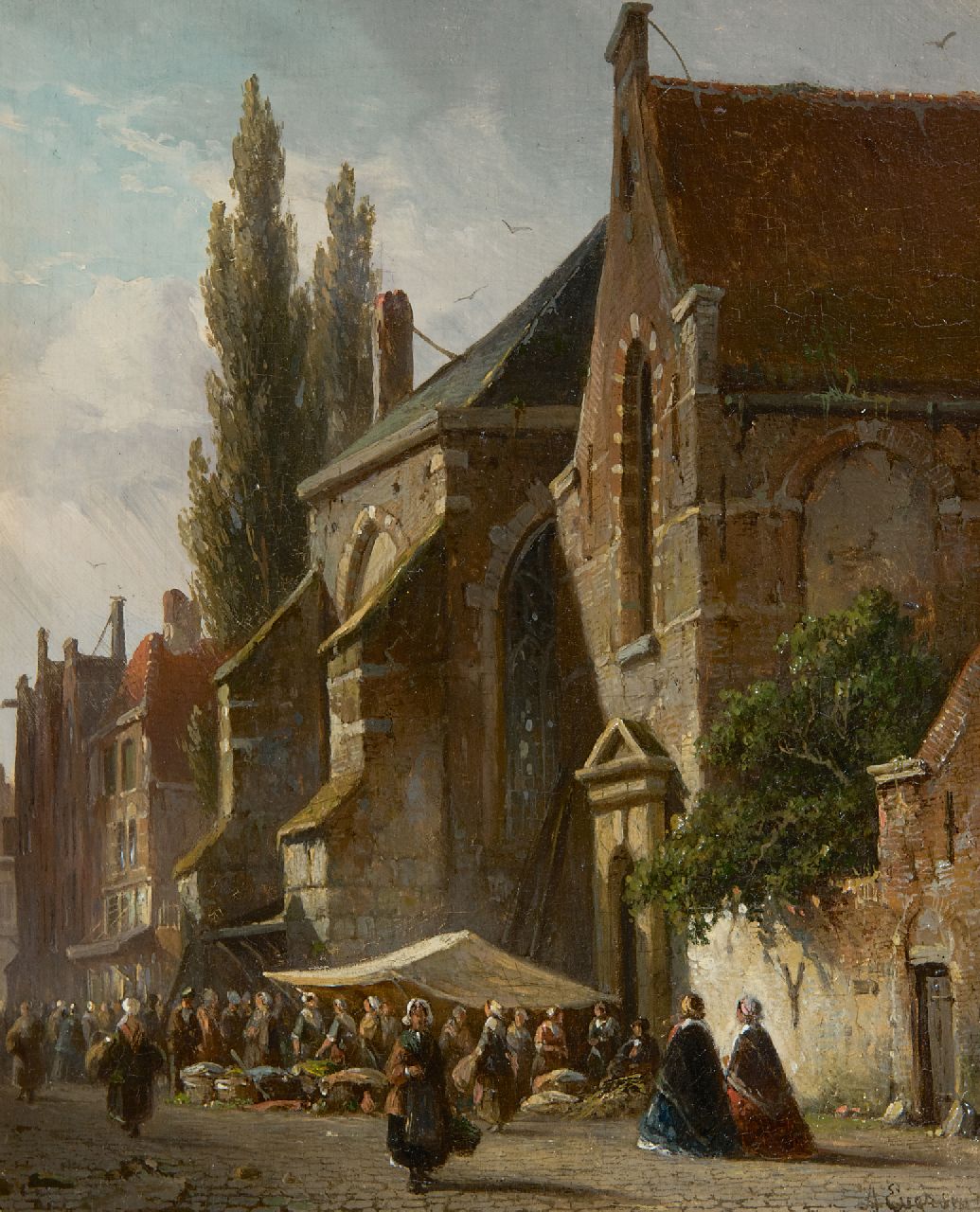 Eversen A. | Adrianus Eversen | Schilderijen te koop aangeboden | Marktdag bij de kerk, olieverf op paneel 19,0 x 15,3 cm, gesigneerd rechtsonder Eversen A. | Adrianus Eversen | Schilderijen te koop aangeboden | Marktdag bij de kerk, olieverf op paneel 19,0 x 15,3 cm, gesigneerd rechtsonder