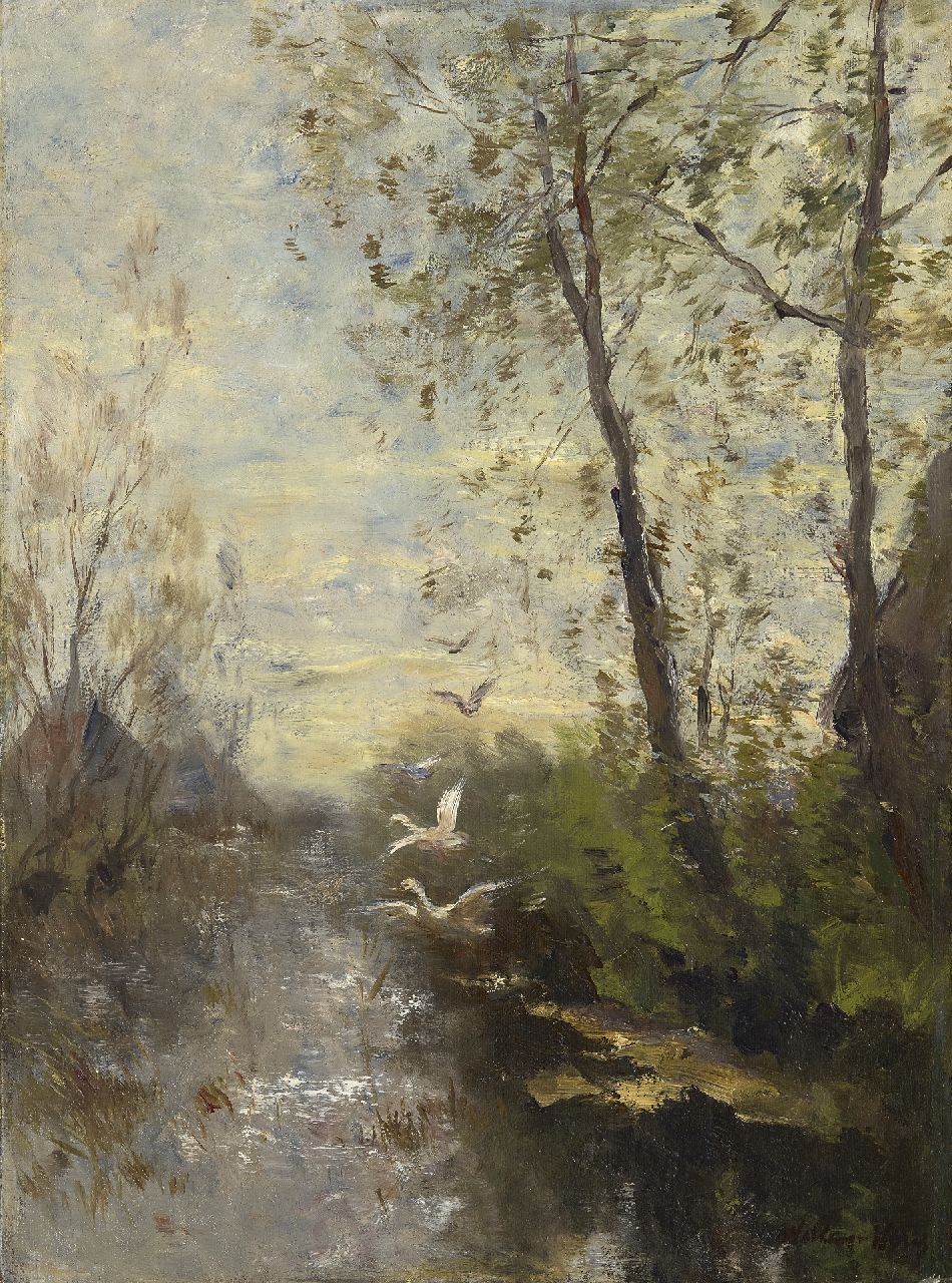 Maris W.  | Willem Maris, Sloot met opvliegende eenden, olieverf op doek 40,3 x 29,9 cm, gesigneerd rechtsonder en te dateren ca. 1890-1900