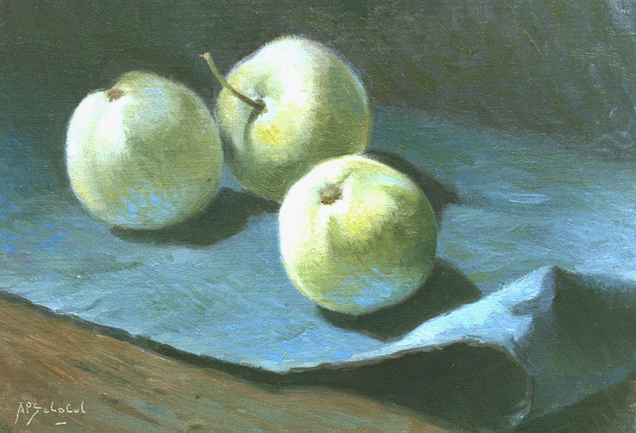 Schotel A.P. | Anthonie Pieter Schotel, Drie appels, olieverf op doek op paneel 21,8 x 30,3 cm, gesigneerd linksonder Schotel A.P. | Anthonie Pieter Schotel, Drie appels, olieverf op doek op paneel 21,8 x 30,3 cm, gesigneerd linksonder