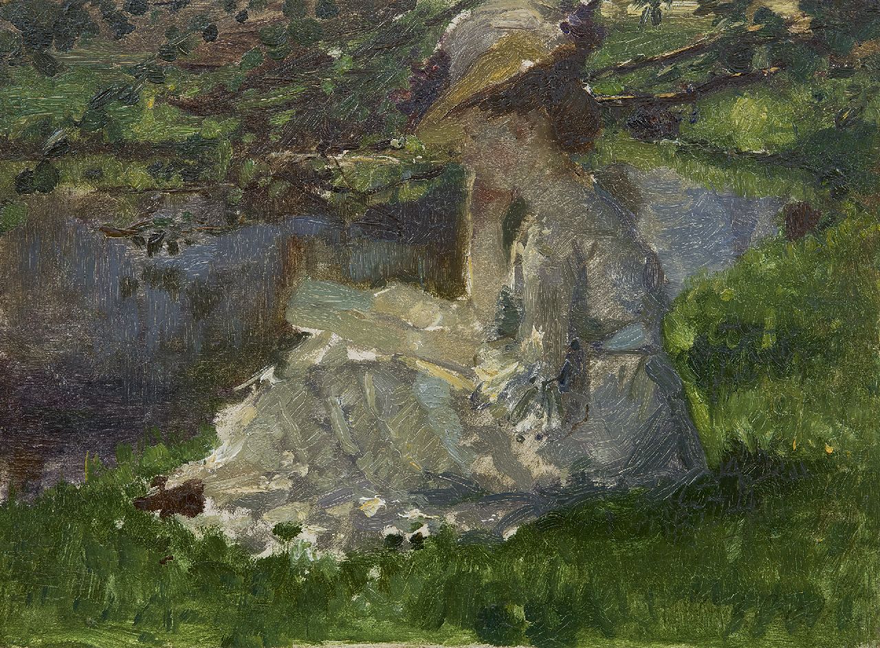 Roelofs O.W.A. | Otto Willem Albertus 'Albert' Roelofs, Aan de vijver, olieverf op paneel 24,2 x 32,5 cm, gesigneerd rechtsonder en te dateren ca. 1900-1905 Roelofs O.W.A. | Otto Willem Albertus 'Albert' Roelofs, Aan de vijver, olieverf op paneel 24,2 x 32,5 cm, gesigneerd rechtsonder en te dateren ca. 1900-1905