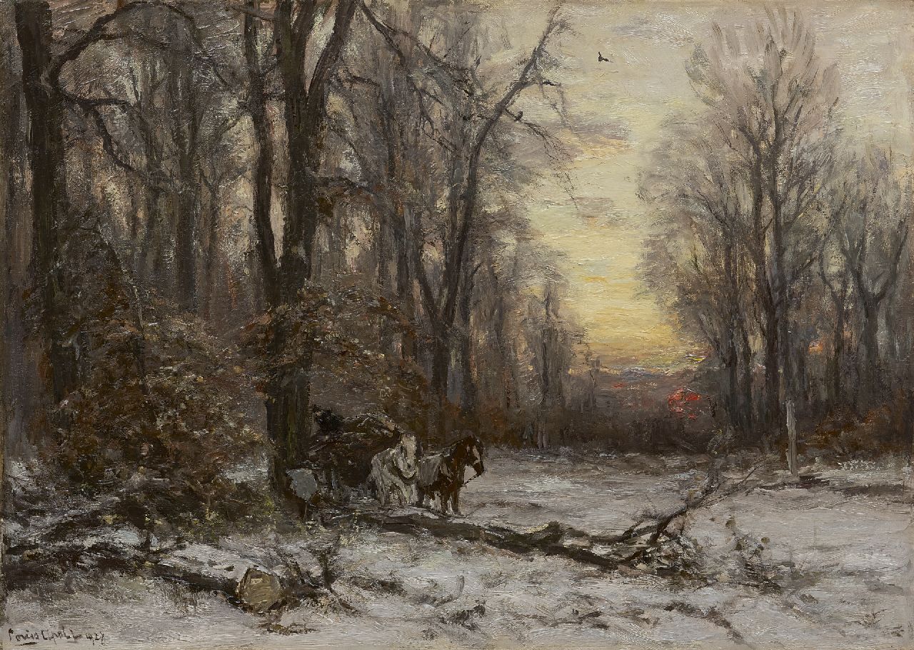 Apol L.F.H. | Lodewijk Franciscus Hendrik 'Louis' Apol, Bosgezicht met paardenkar, olieverf op doek 50,4 x 70,5 cm, gesigneerd linksonder en gedateerd 1927 Apol L.F.H. | Lodewijk Franciscus Hendrik 'Louis' Apol, Bosgezicht met paardenkar, olieverf op doek 50,4 x 70,5 cm, gesigneerd linksonder en gedateerd 1927