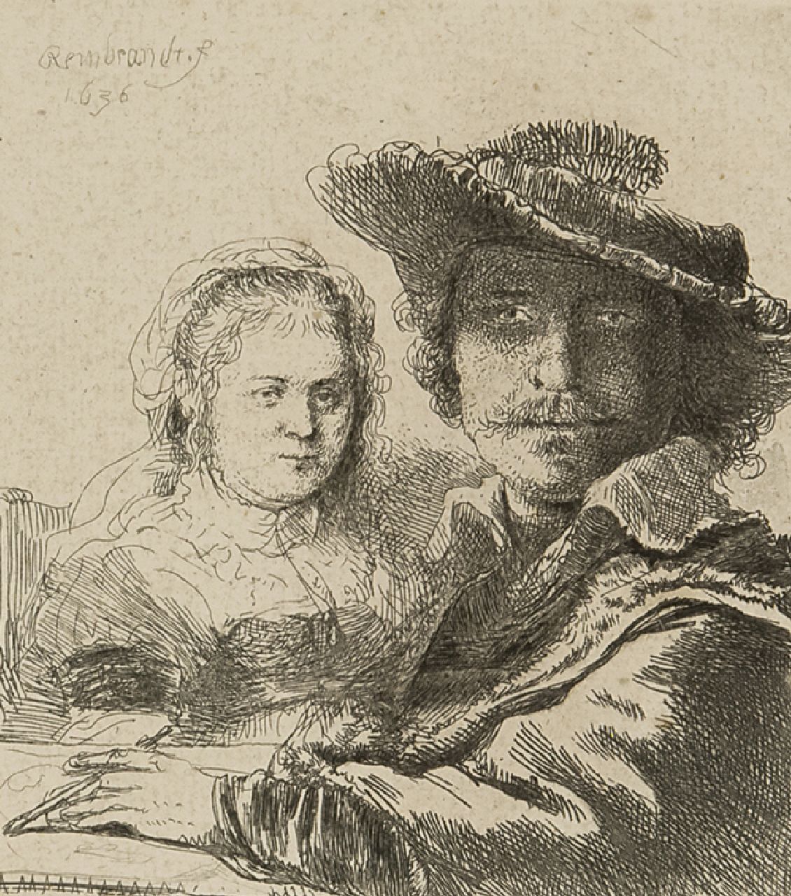 Rembrandt (Rembrandt Harmensz. van Rijn)   | Rembrandt (Rembrandt Harmensz. van Rijn), Zelfportret met Saskia, ets op papier 10,5 x 9,4 cm, gesigneerd linksboven in de plaat en gedateerd 1636 in de plaat