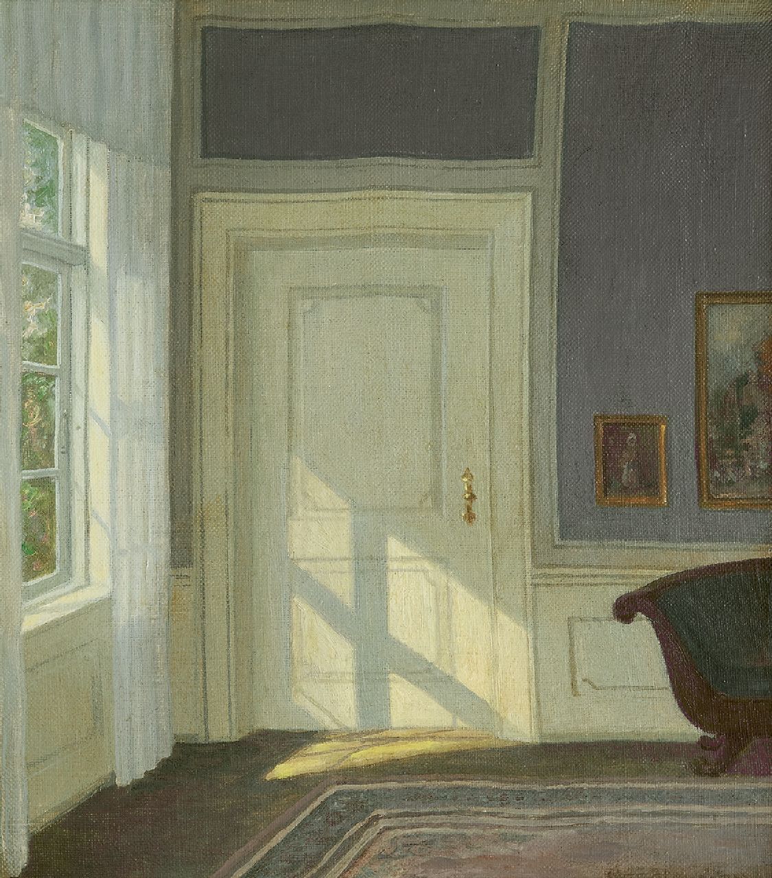 Henriksen W. | William Henriksen, Interieur met zonlicht, olieverf op doek 33,7 x 30,1 cm, gesigneerd rechtsonder Henriksen W. | William Henriksen, Interieur met zonlicht, olieverf op doek 33,7 x 30,1 cm, gesigneerd rechtsonder