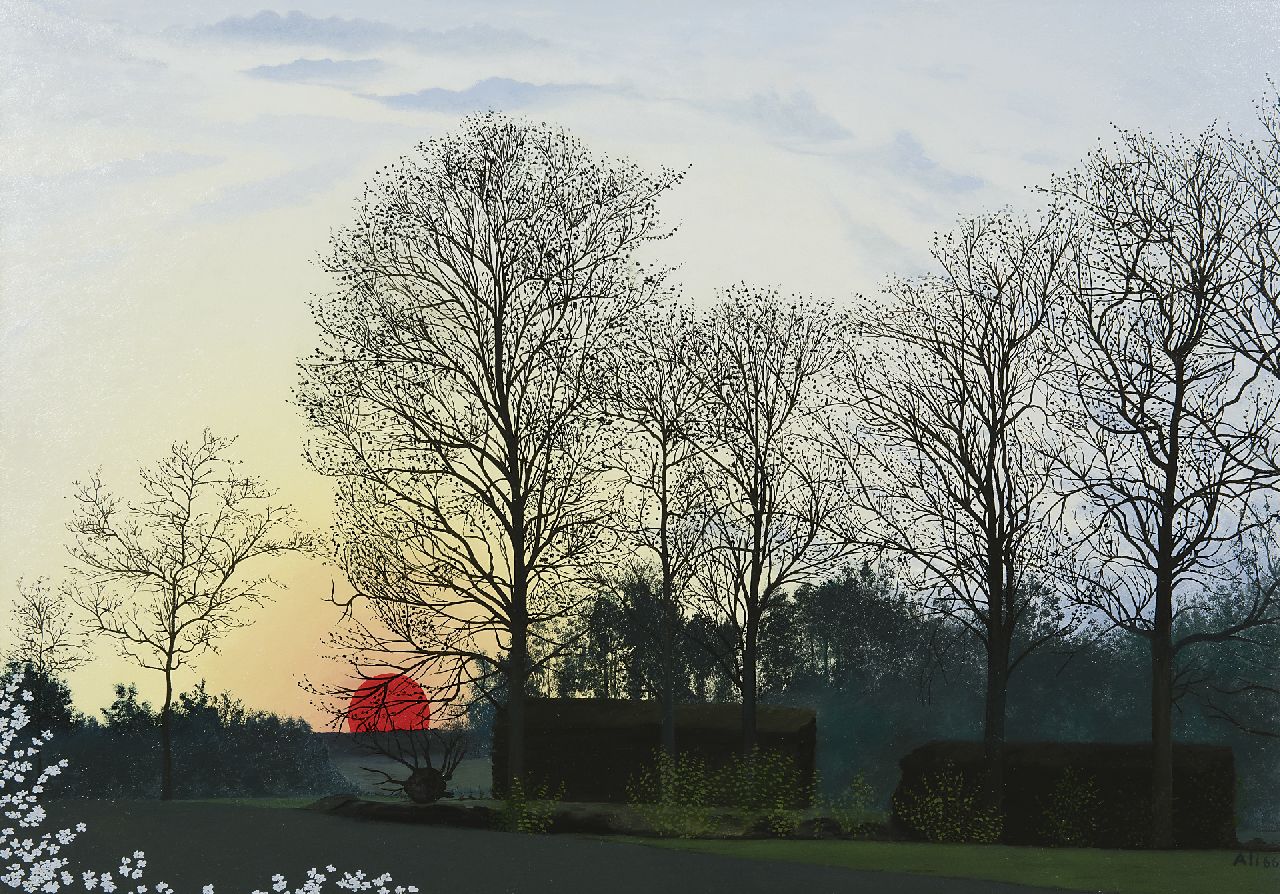 Goubitz A. | 'Ali' Alida Goubitz, De Buissche Heide bij zonsondergang, olieverf op paneel 50,0 x 70,0 cm, gesigneerd rechtsonder en gedateerd '66 Goubitz A. | 'Ali' Alida Goubitz, De Buissche Heide bij zonsondergang, olieverf op paneel 50,0 x 70,0 cm, gesigneerd rechtsonder en gedateerd '66