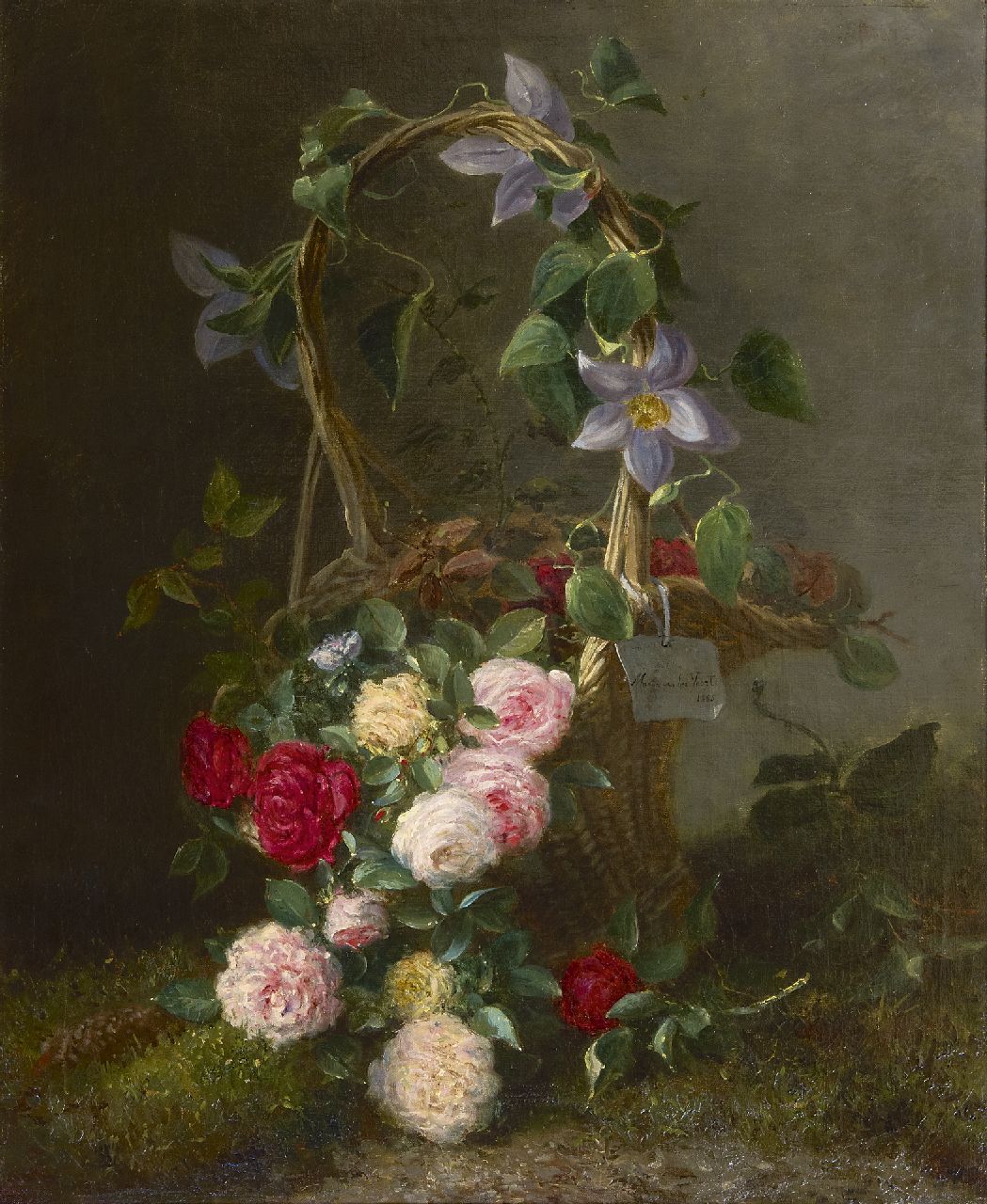 Voort in de Betouw-Nourney M. van der | Maria van der Voort in de Betouw-Nourney, Rozen in een siermand, olieverf op doek 79,5 x 66,5 cm, gesigneerd rechts van het midden op label aan de mand en gedateerd 1885