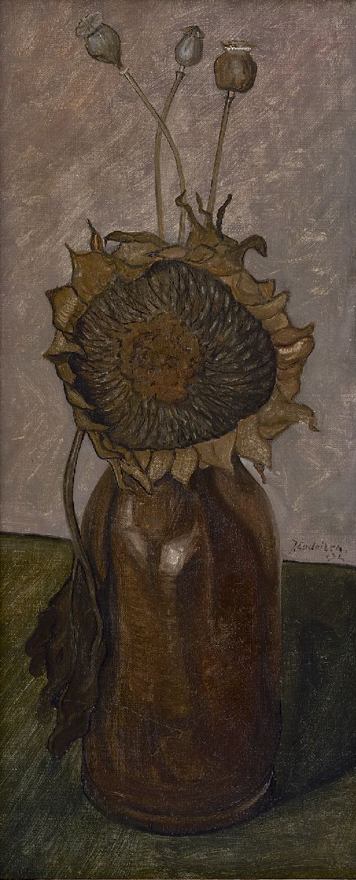 Lodeizen J. | Johannes 'Jo' Lodeizen, Zonnebloem en papaverbollen, olieverf op doek op schildersboard 49,0 x 21,0 cm, gesigneerd rechts van het midden en gedateerd '32 Lodeizen J. | Johannes 'Jo' Lodeizen, Zonnebloem en papaverbollen, olieverf op doek op schildersboard 49,0 x 21,0 cm, gesigneerd rechts van het midden en gedateerd '32