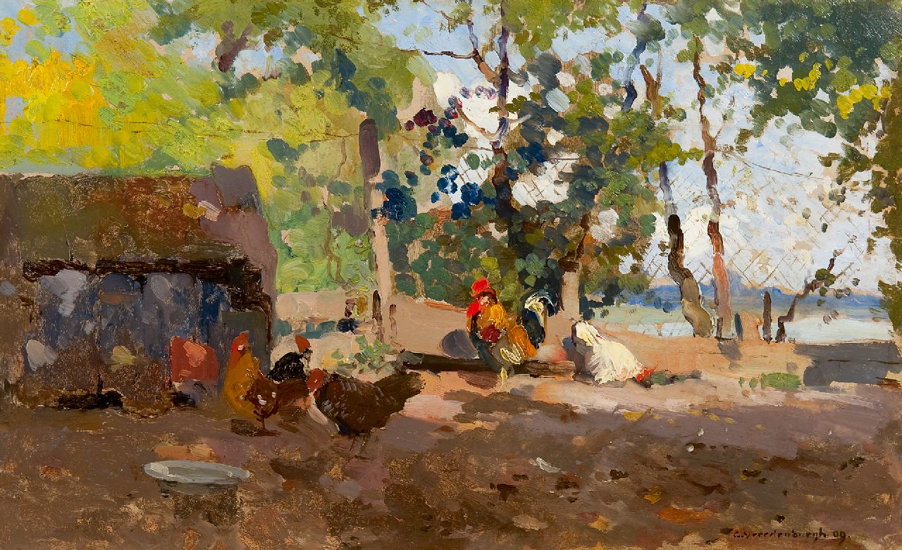 Vreedenburgh C. | Cornelis Vreedenburgh, Kippen bij een schuurtje, olieverf op board 30,2 x 48,8 cm, gesigneerd rechtsonder en gedateerd '09, zonder lijst Vreedenburgh C. | Cornelis Vreedenburgh, Kippen bij een schuurtje, olieverf op board 30,2 x 48,8 cm, gesigneerd rechtsonder en gedateerd '09, zonder lijst