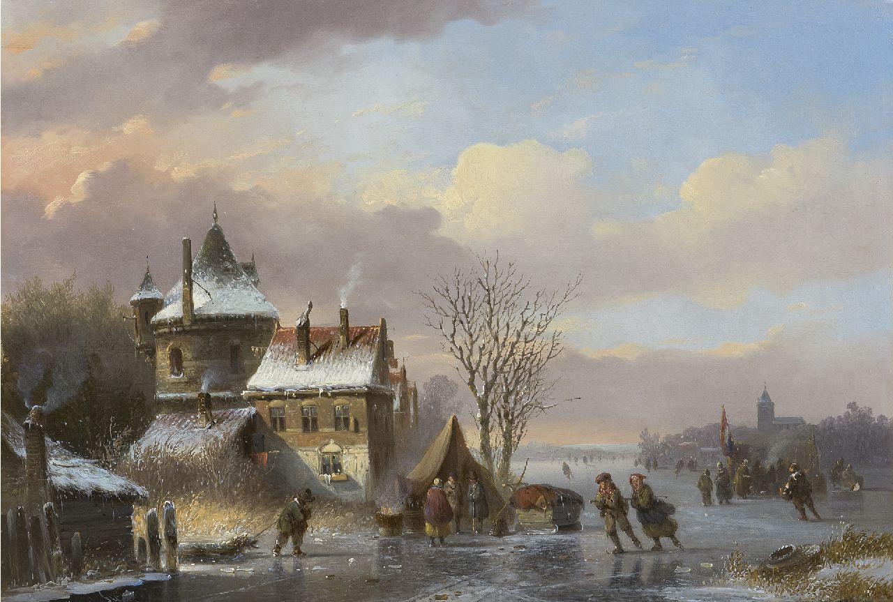 Stok J. van der | Jacobus van der Stok, Bevroren vaart met schaatsers en koek-en-zopietenten, olieverf op paneel 30,7 x 43,8 cm, gesigneerd linksonder