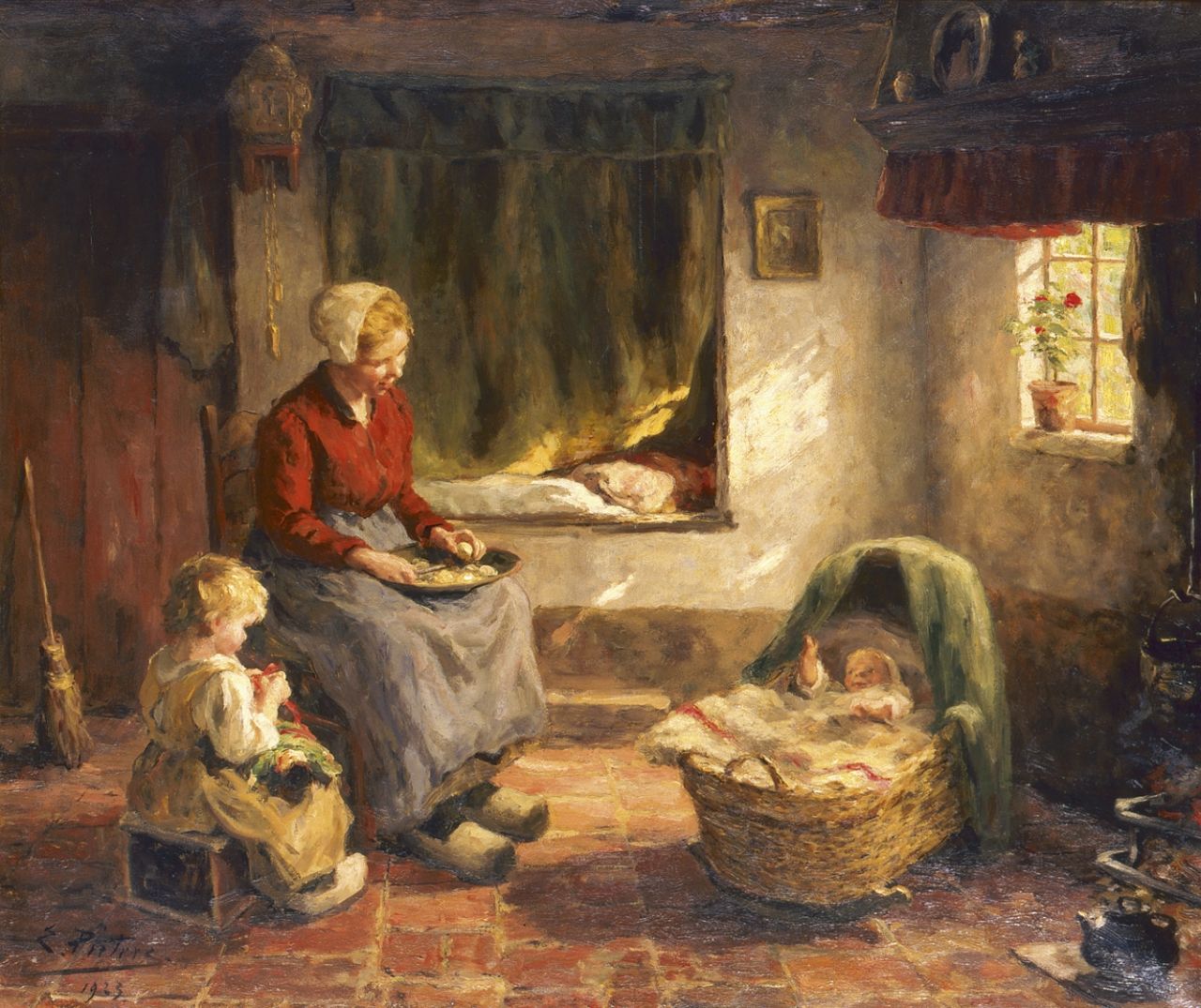 Pieters E. | Evert Pieters, 't Zonnetje in huis, olieverf op doek 78,2 x 92,3 cm, gesigneerd linksonder en gedateerd 1923 Pieters E. | Evert Pieters, 't Zonnetje in huis, olieverf op doek 78,2 x 92,3 cm, gesigneerd linksonder en gedateerd 1923