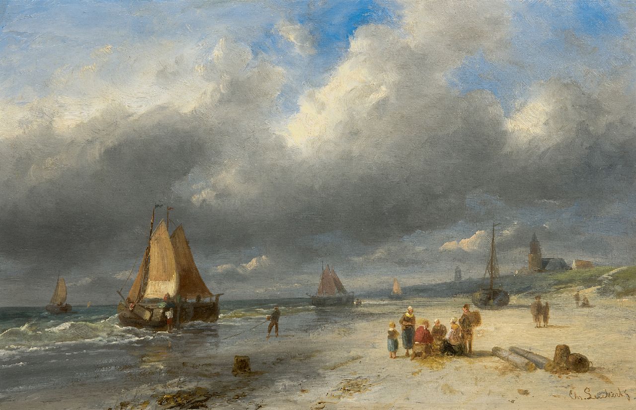 Leickert C.H.J.  | 'Charles' Henri Joseph Leickert, Visafslag en schepen op het strand van Scheveningen, olieverf op paneel 25,8 x 40,3 cm, gesigneerd rechtsonder