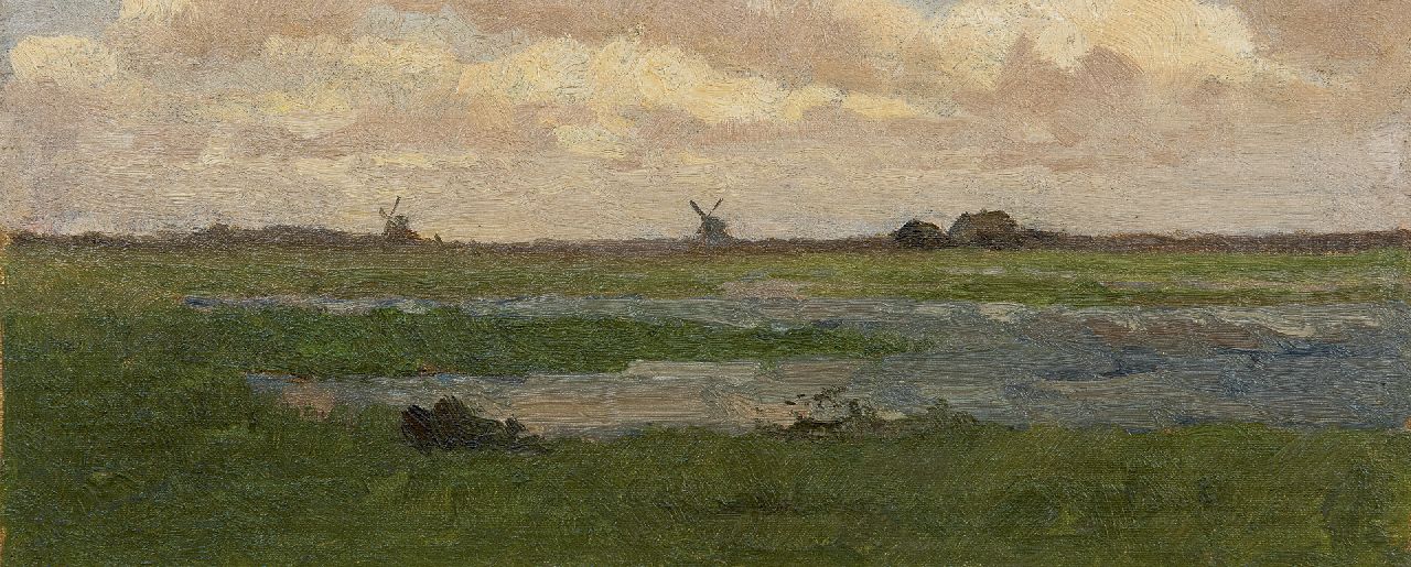 Gabriel P.J.C. | Paul Joseph Constantin 'Constan(t)' Gabriel, Polderlandschap met molens in de verte, olieverf op doek op paneel 16,0 x 38,0 cm Gabriel P.J.C. | Paul Joseph Constantin 'Constan(t)' Gabriel, Polderlandschap met molens in de verte, olieverf op doek op paneel 16,0 x 38,0 cm