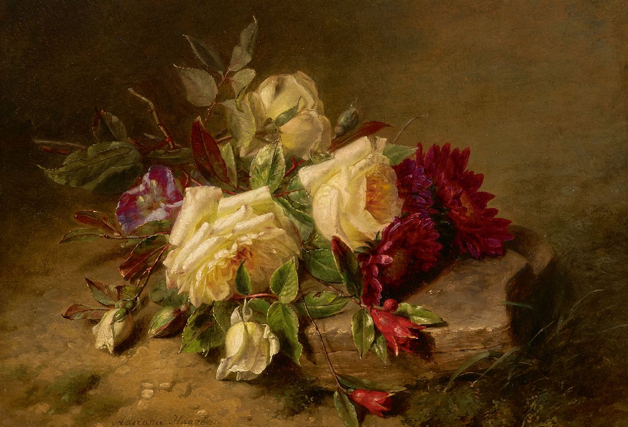 Haanen A.J.  | 'Adriana' Johanna Haanen | Schilderijen te koop aangeboden | Rozen en chrysanten op de bosgrond, olieverf op paneel 25,5 x 36,0 cm, gesigneerd linksonder