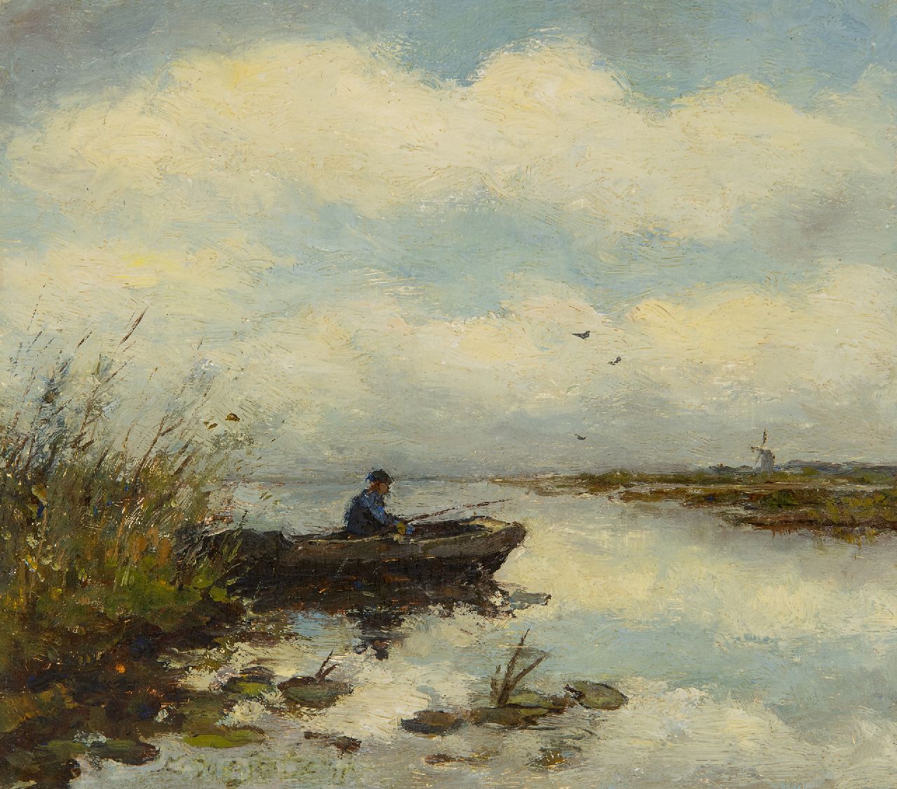 Weissenbruch H.J. | Hendrik Johannes 'J.H.' Weissenbruch, Visser op een plas, olieverf op paneel 16,2 x 18,2 cm, gesigneerd resten van signatuur l. v/h m. Weissenbruch H.J. | Hendrik Johannes 'J.H.' Weissenbruch, Visser op een plas, olieverf op paneel 16,2 x 18,2 cm, gesigneerd resten van signatuur l. v/h m.