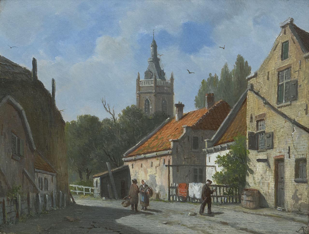 Eversen A.  | Adrianus Eversen | Schilderijen te koop aangeboden | Zonnig stadsgezicht in Overschie, olieverf op paneel 20,7 x 26,8 cm, gesigneerd rechtsonder met monogram