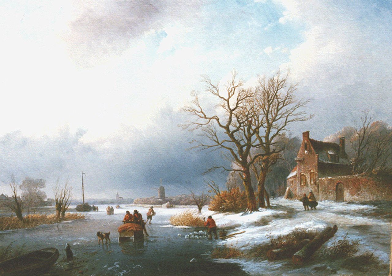 Spohler J.J. | Jan Jacob Spohler, Bevroren vaart met schaatsers, olieverf op doek 43,8 x 62,3 cm, gesigneerd rechtsonder Spohler J.J. | Jan Jacob Spohler, Bevroren vaart met schaatsers, olieverf op doek 43,8 x 62,3 cm, gesigneerd rechtsonder