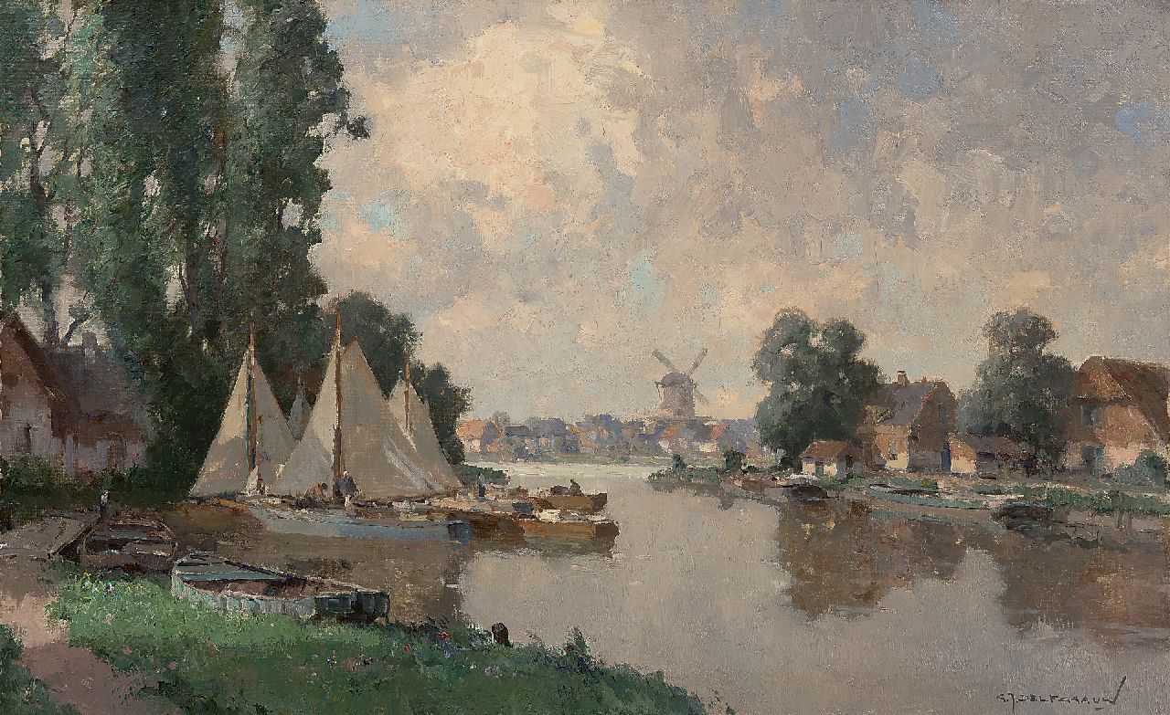 Delfgaauw G.J. | Gerardus Johannes 'Gerard' Delfgaauw, Rivier met afgemeerde zeilboten, olieverf op doek 50,4 x 80,4 cm, gesigneerd rechtsonder en op spieraam Delfgaauw G.J. | Gerardus Johannes 'Gerard' Delfgaauw, Rivier met afgemeerde zeilboten, olieverf op doek 50,4 x 80,4 cm, gesigneerd rechtsonder en op spieraam