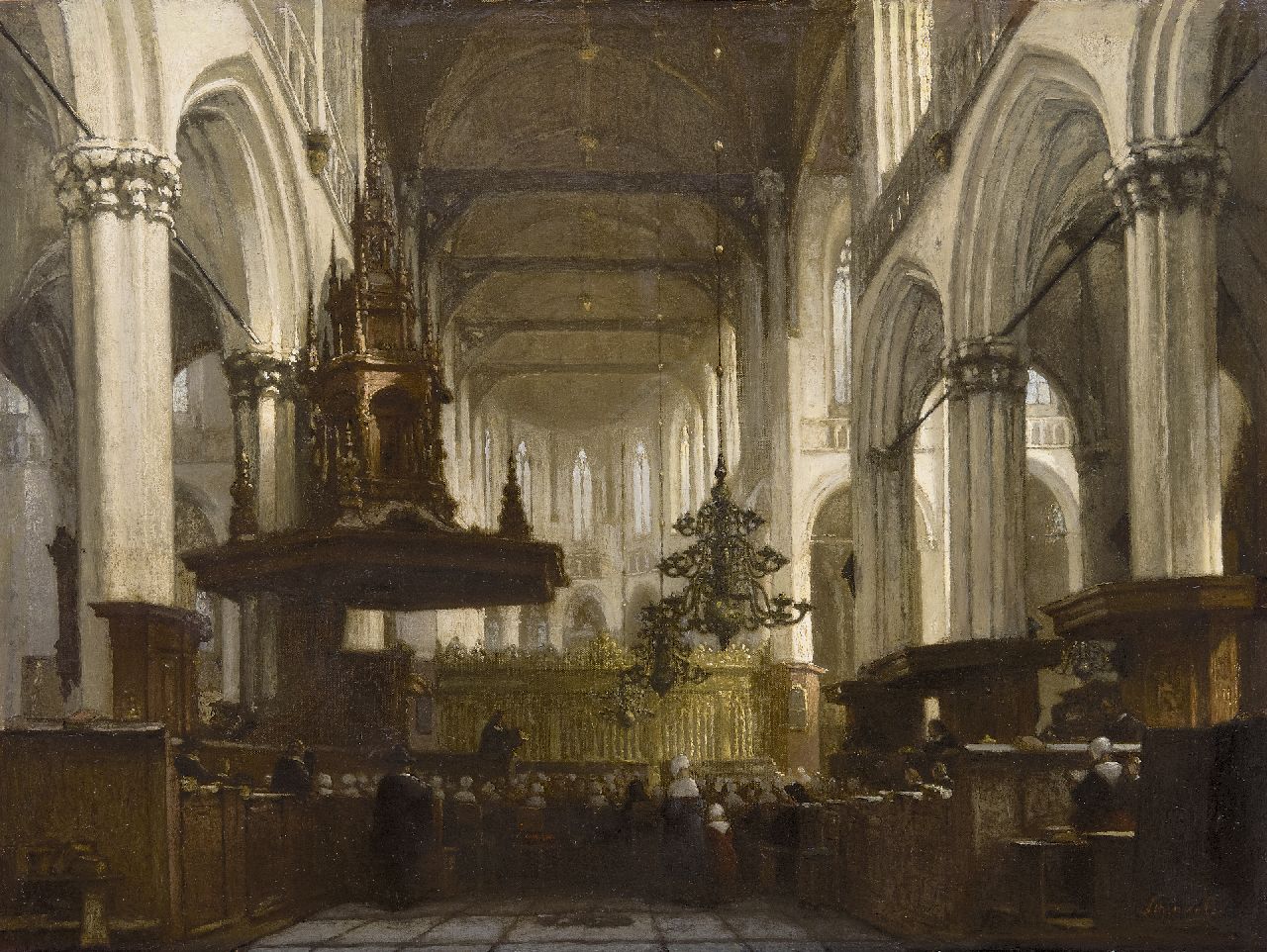 Schenkel J.J. | Jan Jacob Schenkel, Dienst in de Nieuwe Kerk in Amsterdam, olieverf op doek 45,8 x 59,0 cm, gesigneerd rechtsonder Schenkel J.J. | Jan Jacob Schenkel, Dienst in de Nieuwe Kerk in Amsterdam, olieverf op doek 45,8 x 59,0 cm, gesigneerd rechtsonder