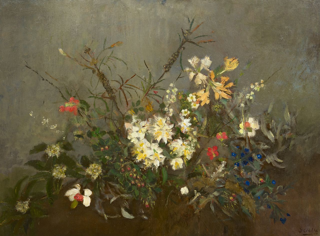 Sorella (Theresia Ansingh) | Sorella (Theresia Ansingh), Voorjaarsbloemen, olieverf op board 75,2 x 99,8 cm, gesigneerd rechtsonder Sorella (Theresia Ansingh) | Sorella (Theresia Ansingh), Voorjaarsbloemen, olieverf op board 75,2 x 99,8 cm, gesigneerd rechtsonder