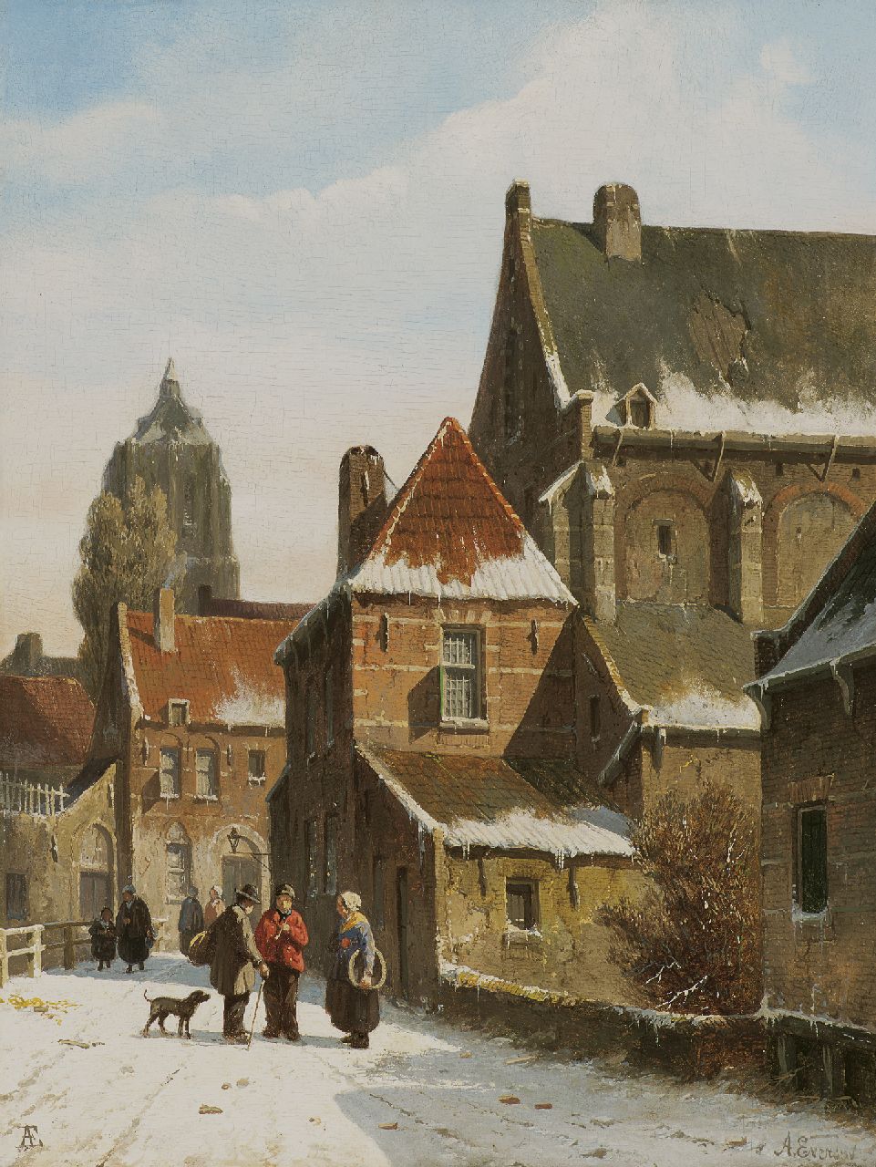 Eversen A. | Adrianus Eversen, Figuren in gesprek in besneeuwd straatje, olieverf op paneel 35,4 x 27,1 cm, gesigneerd rechtsonder voluit en linksonder met monogram Eversen A. | Adrianus Eversen, Figuren in gesprek in besneeuwd straatje, olieverf op paneel 35,4 x 27,1 cm, gesigneerd rechtsonder voluit en linksonder met monogram