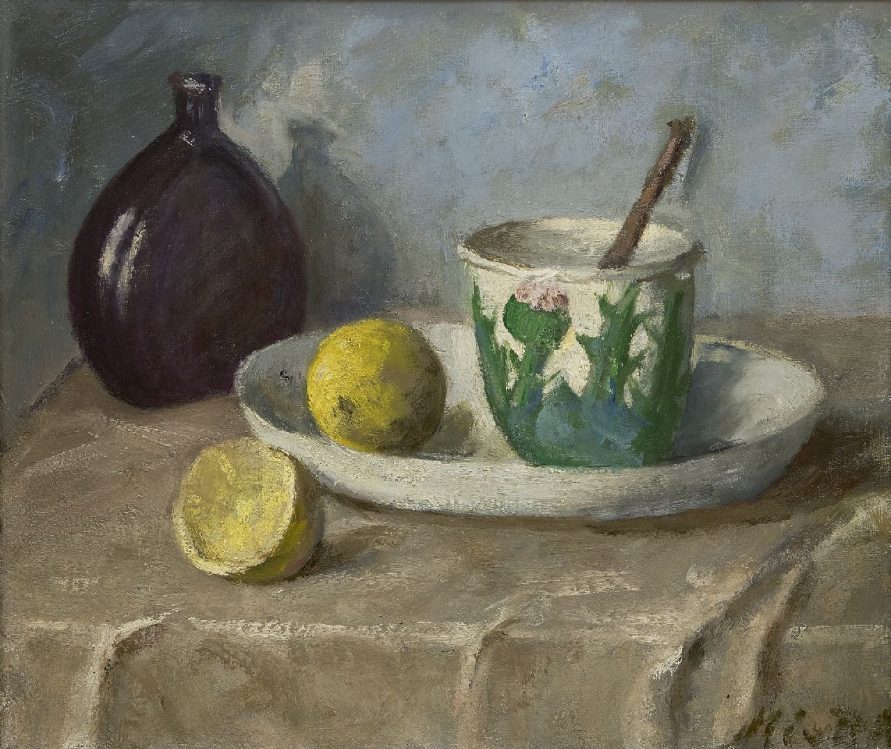 Regteren Altena M.E. van | 'Marie' Engelina van Regteren Altena, Stilleven met schaal, distelbeker en citroenen, olieverf op doek 34,0 x 40,3 cm, gesigneerd rechtsonder Regteren Altena M.E. van | 'Marie' Engelina van Regteren Altena, Stilleven met schaal, distelbeker en citroenen, olieverf op doek 34,0 x 40,3 cm, gesigneerd rechtsonder