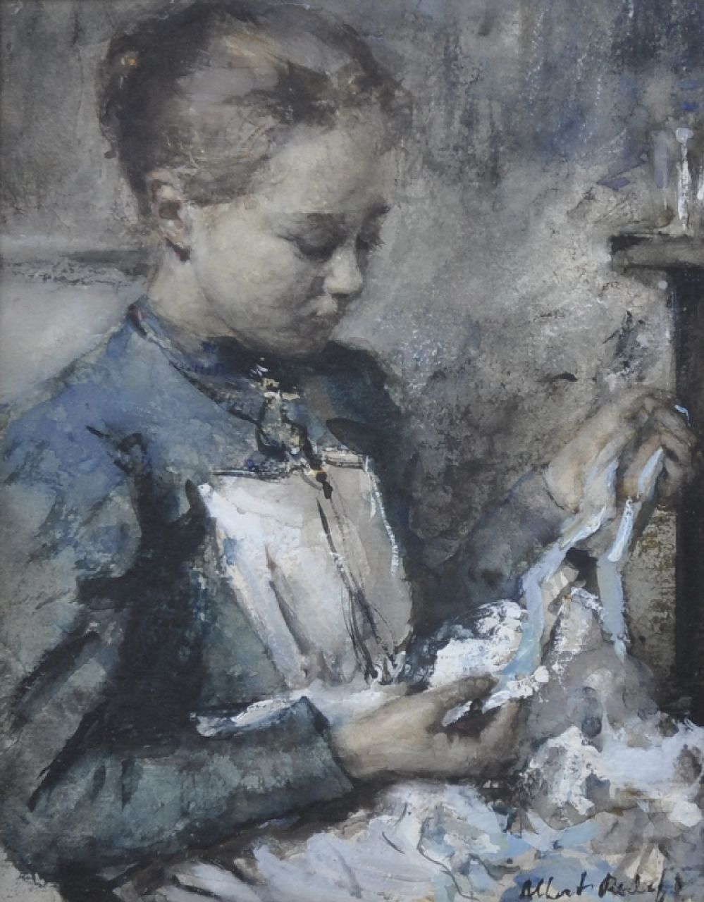 Roelofs O.W.A. | Otto Willem Albertus 'Albert' Roelofs, Dienstmeisje met blauw lint, aquarel op papier 20,8 x 15,6 cm, gesigneerd rechtsonder en te dateren 1901 Roelofs O.W.A. | Otto Willem Albertus 'Albert' Roelofs, Dienstmeisje met blauw lint, aquarel op papier 20,8 x 15,6 cm, gesigneerd rechtsonder en te dateren 1901