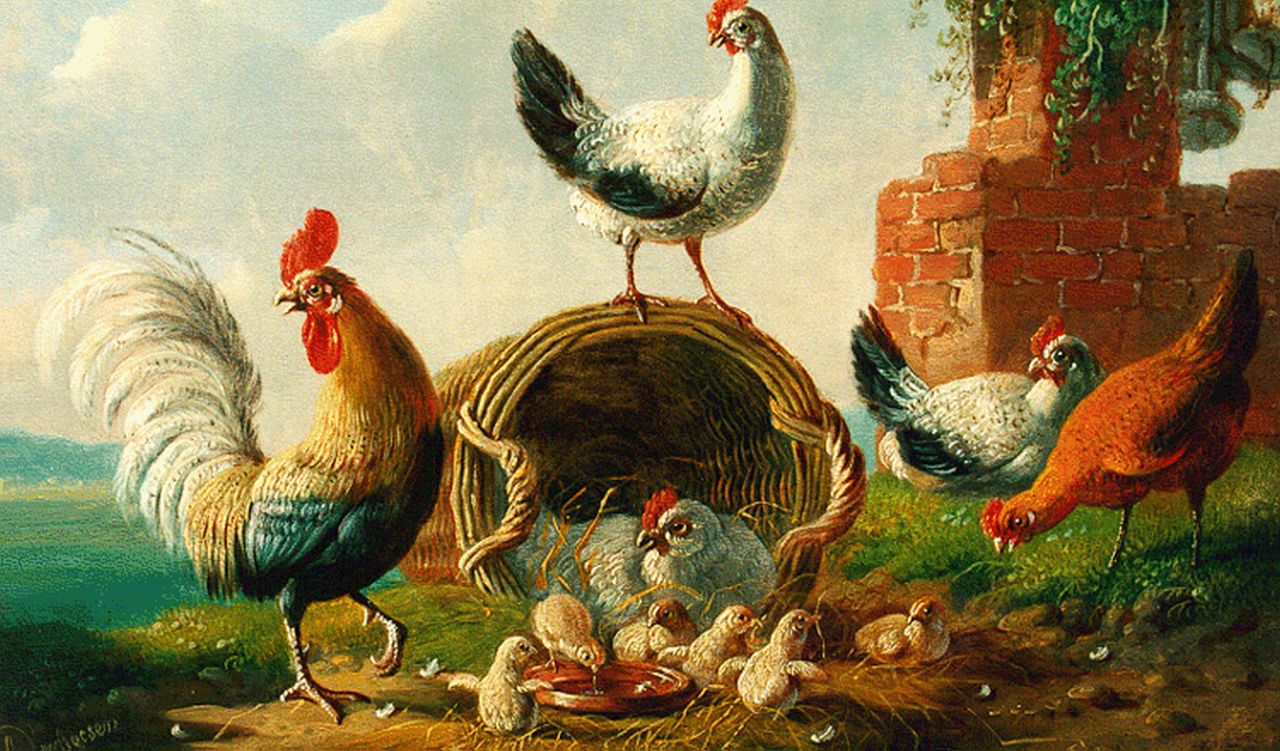 Verhoesen A.  | Albertus Verhoesen, Kip en kuikens in landschap, olieverf op paneel 17,8 x 25,2 cm, gesigneerd linksonder en gedateerd 1873