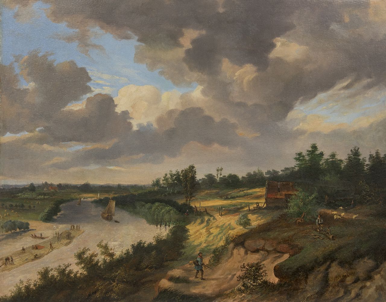 Braak L.R. van den | Leonardus Raphael van den Braak | Schilderijen te koop aangeboden | Houtvlot met bemanning en vlothut op de Rijn, olieverf op doek 63,0 x 80,0 cm, gesigneerd rechtsonder en gedateerd 1857