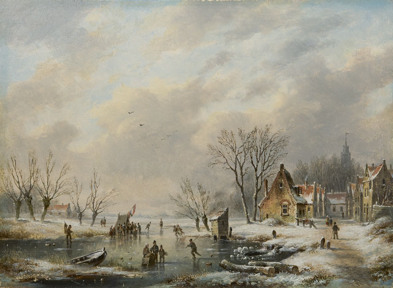 Hendriks G.  | Gerardus 'George Henry' Hendriks, IJspret bij een winters dorpje, olieverf op paneel 26,0 x 35,1 cm