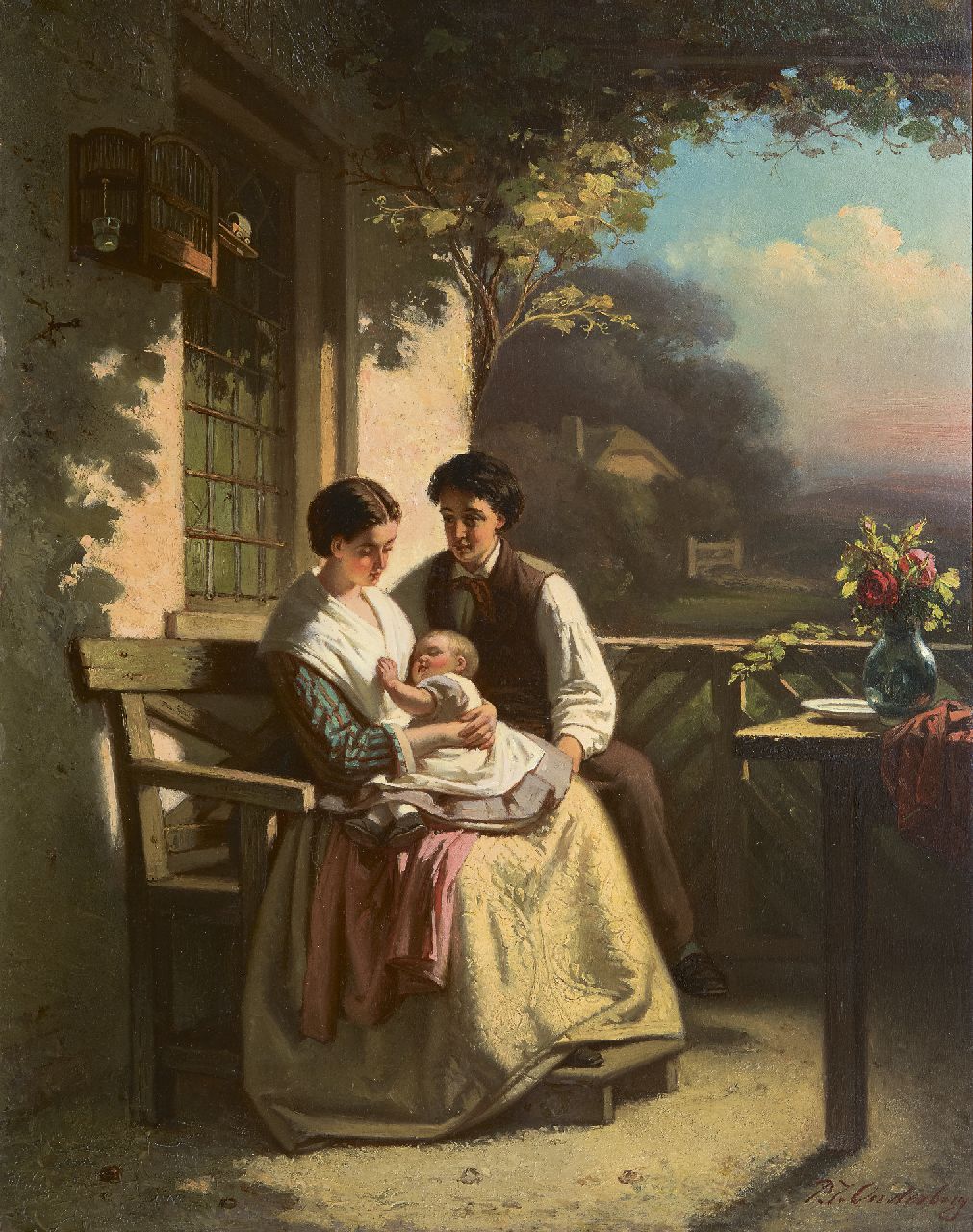 Onderberg P.J.  | Pieter Jan Onderberg | Schilderijen te koop aangeboden | Jong gezin op een waranda, olieverf op paneel 42,0 x 33,1 cm, gesigneerd rechtsonder