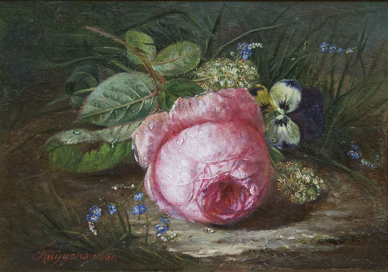 Huygens F.J. | 'François' Joseph Huygens | Schilderijen te koop aangeboden | Roos en wilde bloemen op de bosgrond, olieverf op paneel 18,9 x 26,1 cm, gesigneerd linksonder en gedateerd 1861 Huygens F.J. | 'François' Joseph Huygens | Schilderijen te koop aangeboden | Roos en wilde bloemen op de bosgrond, olieverf op paneel 18,9 x 26,1 cm, gesigneerd linksonder en gedateerd 1861