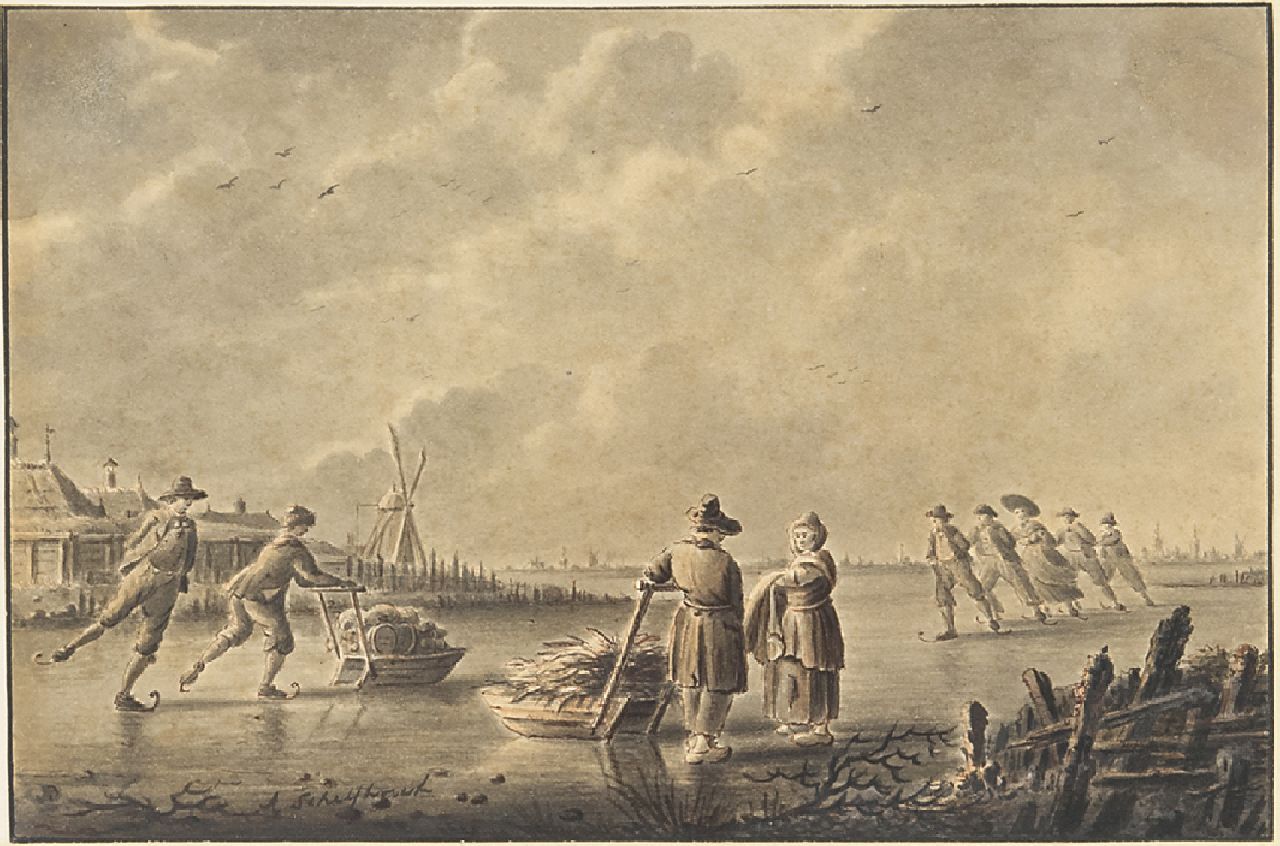 Schelfhout A. | Andreas Schelfhout, Bevroren vaart met schaatsers en duwsleden, pen, penseel en inkt op papier 13,8 x 20,9 cm, gesigneerd linksonder en ca. 1805-1810 Schelfhout A. | Andreas Schelfhout, Bevroren vaart met schaatsers en duwsleden, pen, penseel en inkt op papier 13,8 x 20,9 cm, gesigneerd linksonder en ca. 1805-1810