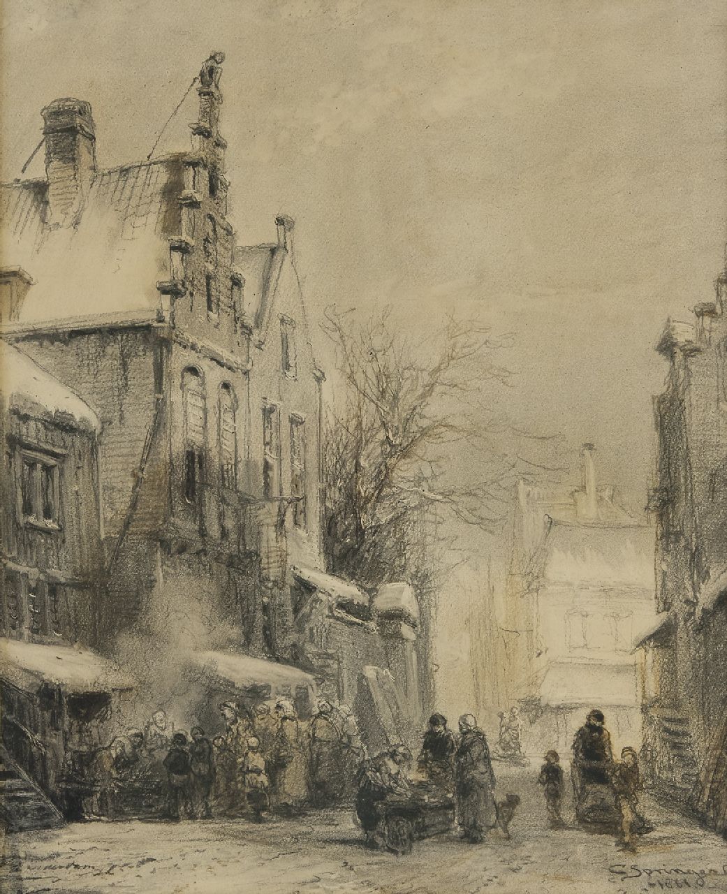 Springer C. | Cornelis Springer, Winters straatje met figuren, houtskool op papier 50,5 x 40,0 cm, gesigneerd rechtsonder en gedateerd 1861 Springer C. | Cornelis Springer, Winters straatje met figuren, houtskool op papier 50,5 x 40,0 cm, gesigneerd rechtsonder en gedateerd 1861