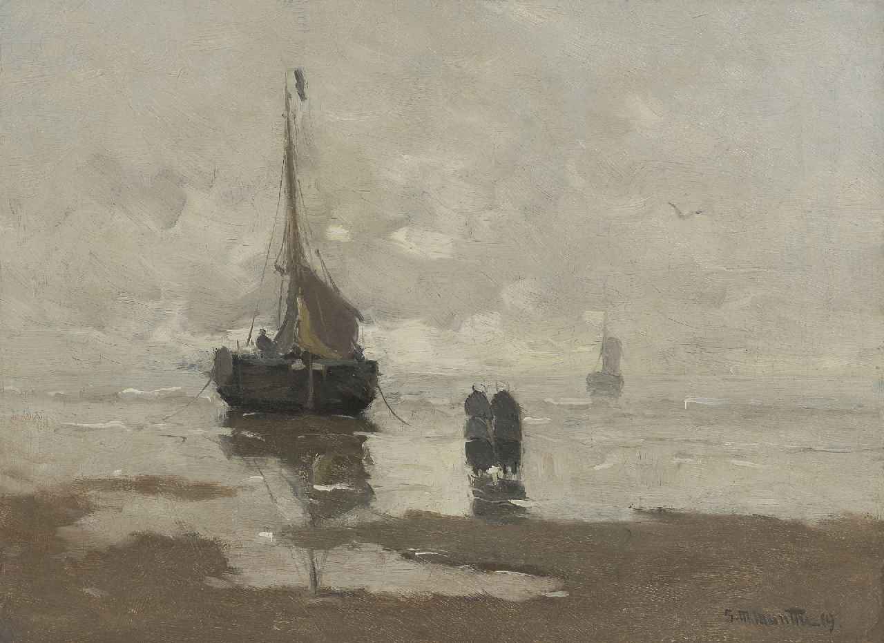 Munthe G.A.L. | Gerhard Arij Ludwig 'Morgenstjerne' Munthe, Strand met vissersschuit, olieverf op doek 32,0 x 40,0 cm, gesigneerd rechtsonder en gedateerd '19 Munthe G.A.L. | Gerhard Arij Ludwig 'Morgenstjerne' Munthe, Strand met vissersschuit, olieverf op doek 32,0 x 40,0 cm, gesigneerd rechtsonder en gedateerd '19