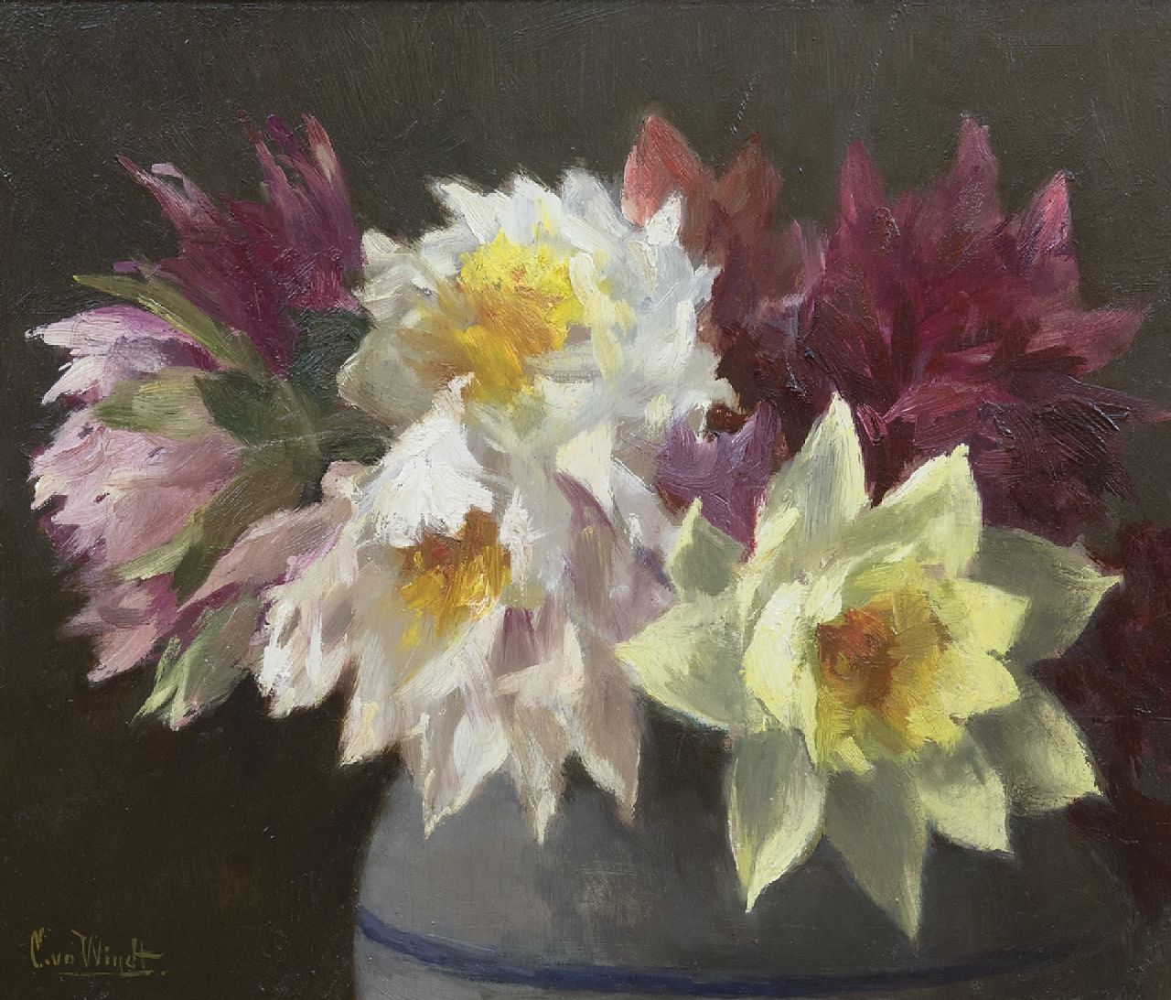 Windt Ch. van der | Christophe 'Chris' van der Windt | Schilderijen te koop aangeboden | Dahlia's, olieverf op paneel 29,5 x 34,8 cm, gesigneerd linksonder Windt Ch. van der | Christophe 'Chris' van der Windt | Schilderijen te koop aangeboden | Dahlia's, olieverf op paneel 29,5 x 34,8 cm, gesigneerd linksonder