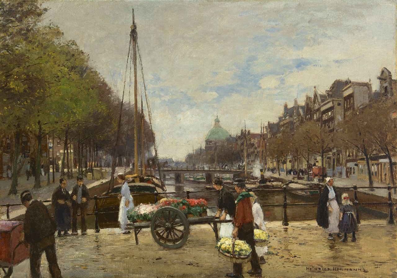 Hermanns H.  | Heinrich Hermanns, Bloemenkar op de Lijnbaansbrug, Amsterdam, olieverf op doek 63,9 x 89,5 cm, gesigneerd rechtsonder