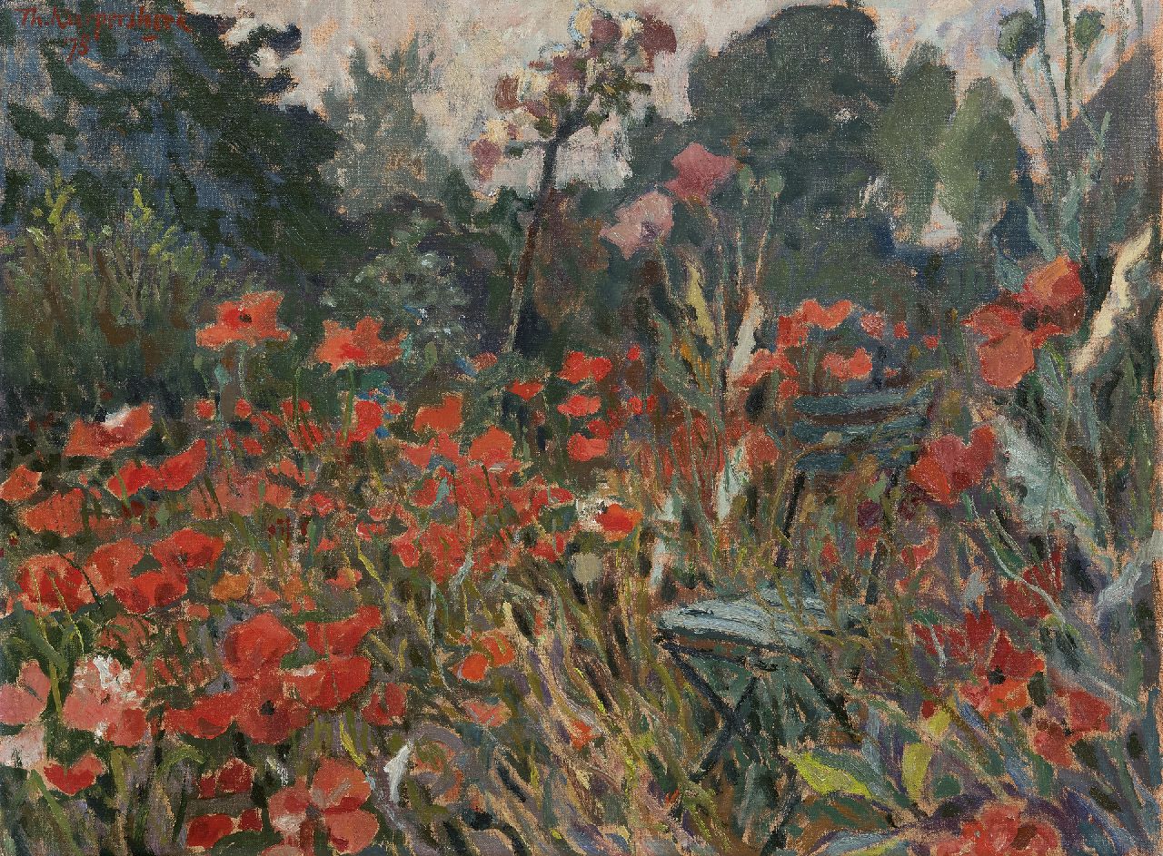 Kurpershoek T.L.  | Theodorus Lambertus 'Theo' Kurpershoek, Tuin met stoel, olieverf op doek 48,8 x 65,1 cm, gesigneerd linksboven en gedateerd '78