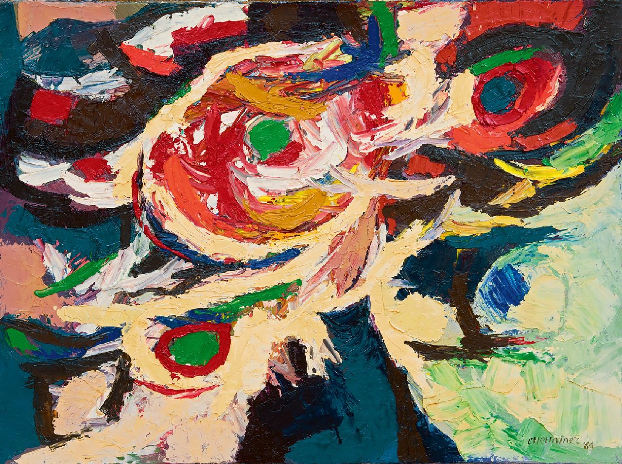 l'Herminez T.  | Theo l'Herminez, Compositie, olieverf op doek 60,2 x 80,3 cm, gesigneerd rechtsonder en gedateerd '64