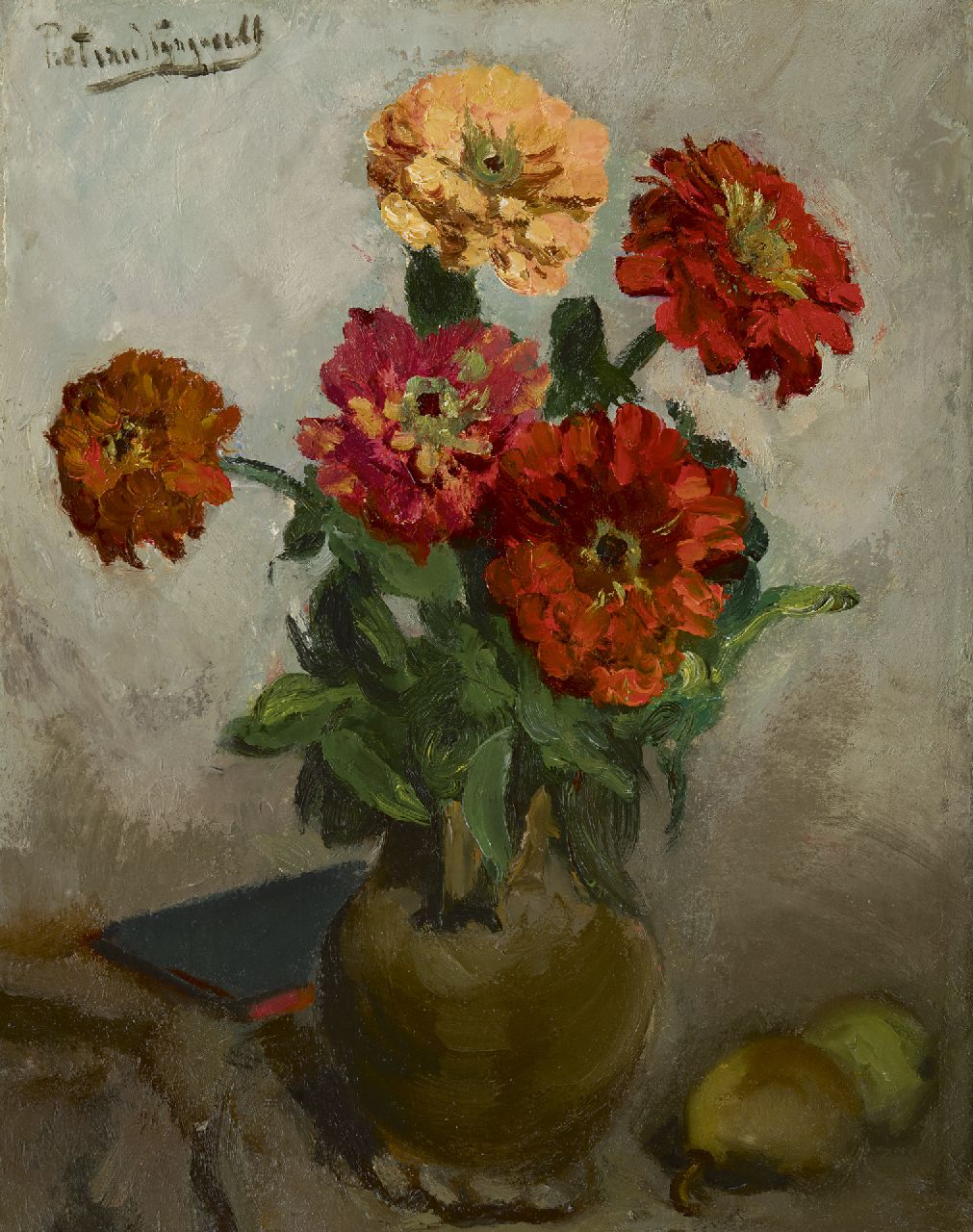 Wijngaerdt P.T. van | Petrus Theodorus 'Piet' van Wijngaerdt | Schilderijen te koop aangeboden | Zinnia's, olieverf op doek 50,7 x 41,0 cm, gesigneerd linksboven