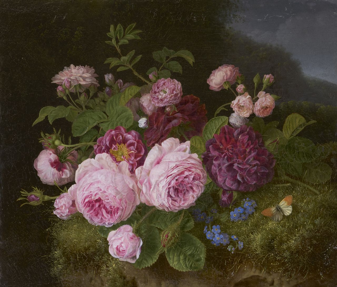 Knip H.G.  | 'Henriëtte' Geertruida Knip, Boeket rozen op de bosgrond, olieverf op doek 36,3 x 42,7 cm