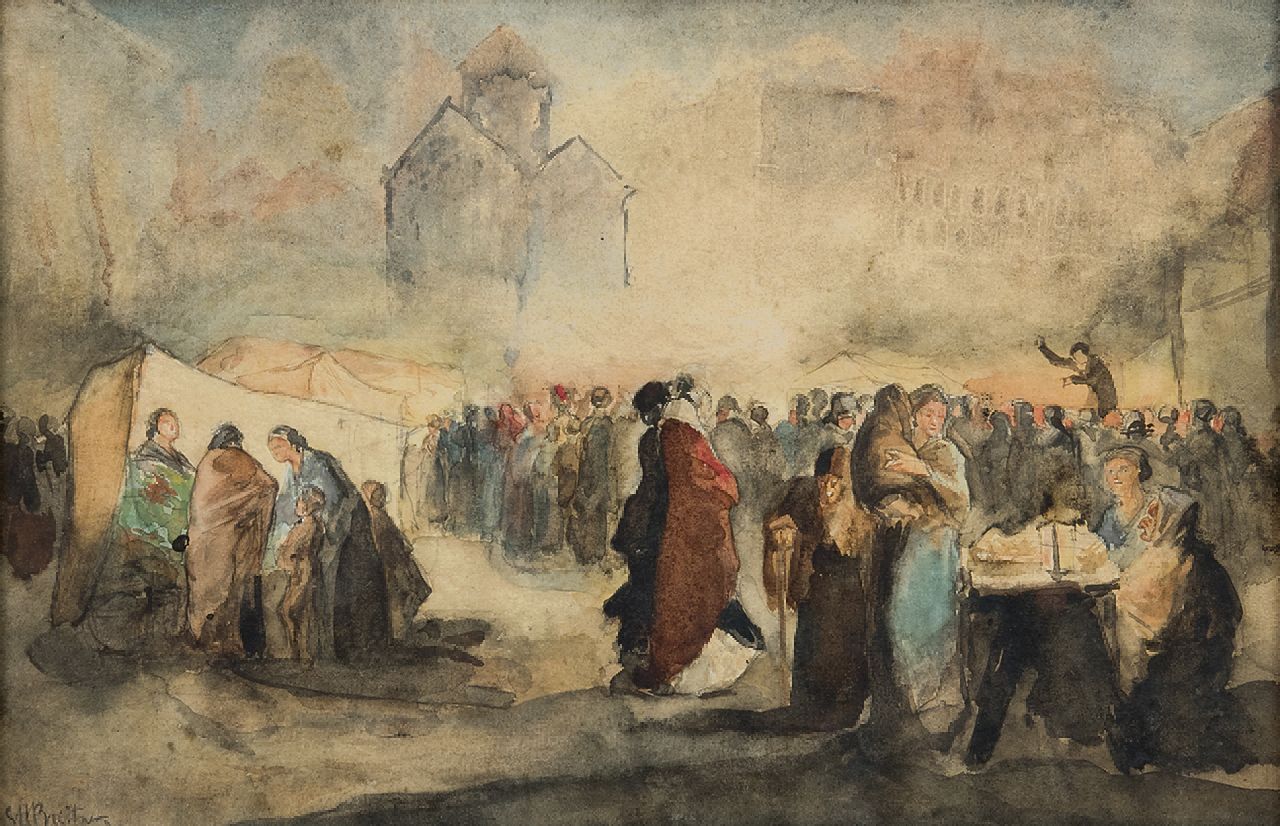 Breitner G.H.  | George Hendrik Breitner, Avondmarkt, potlood, inkt en aquarel op papier 24,0 x 36,5 cm, gesigneerd linksonder en te dateren ca. 1880-1884