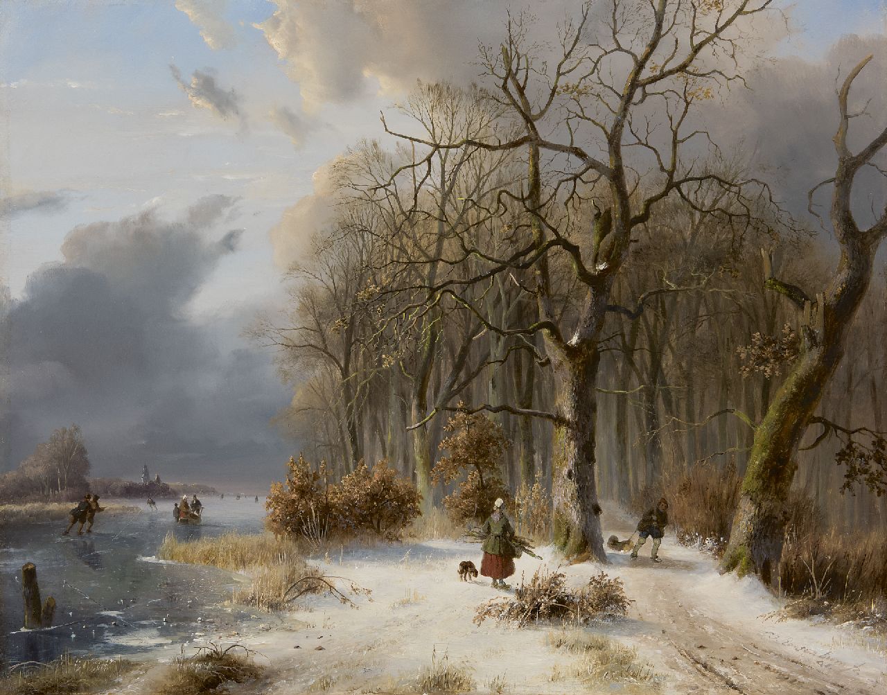 Roosenboom N.J.  | Nicolaas Johannes Roosenboom, Houtsprokkelaars en schaatsers in een winters landschap, olieverf op paneel 49,4 x 63,0 cm, gesigneerd rechtsonder en gedateerd '41