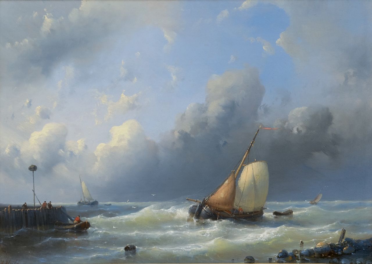 Hulk A.  | Abraham Hulk | Schilderijen te koop aangeboden | Binnenlopend beurtschip bij een havenhoofd, olieverf op paneel 31,9 x 44,1 cm, gesigneerd linksonder
