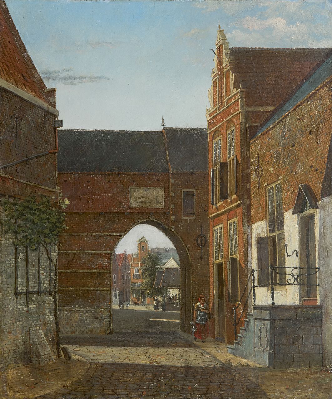 Karsen K.  | Kasparus Karsen, Stadsgezicht met doorkijkje naar een visbank, olieverf op paneel 32,8 x 27,4 cm, gesigneerd rechtsonder op stoepje en onduidelijk gedateerd 18[30?]