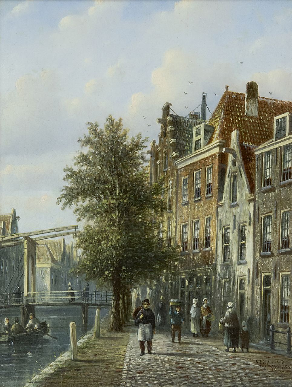 Spohler J.F.  | Johannes Franciscus Spohler, Zonnig grachtje met ophaalbrug, olieverf op paneel 20,4 x 16,0 cm, gesigneerd rechtsonder